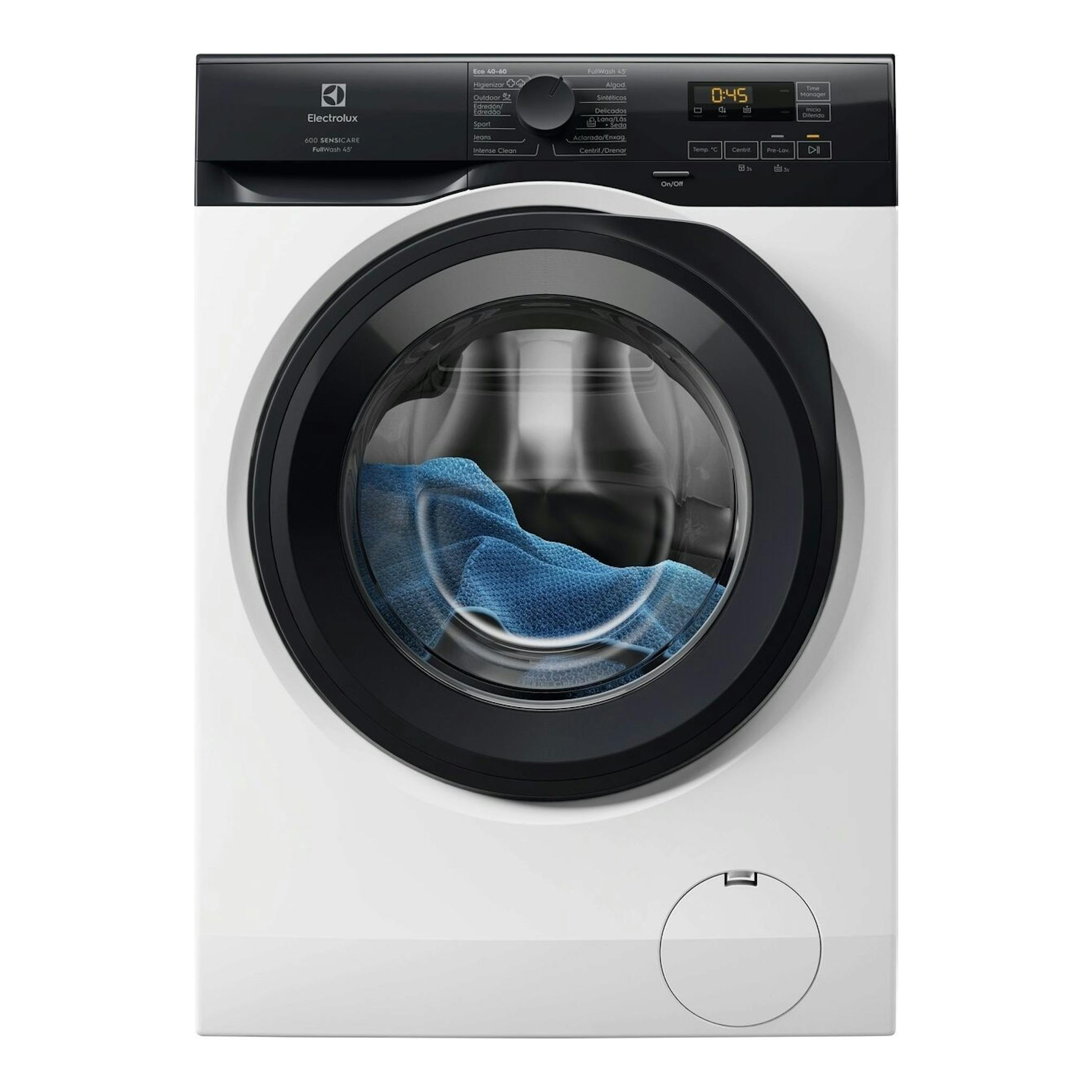 Lavadora frontal Electrolux EFE6894O2B blanca y negra, vista frontal, con puerta circular y display digital.
