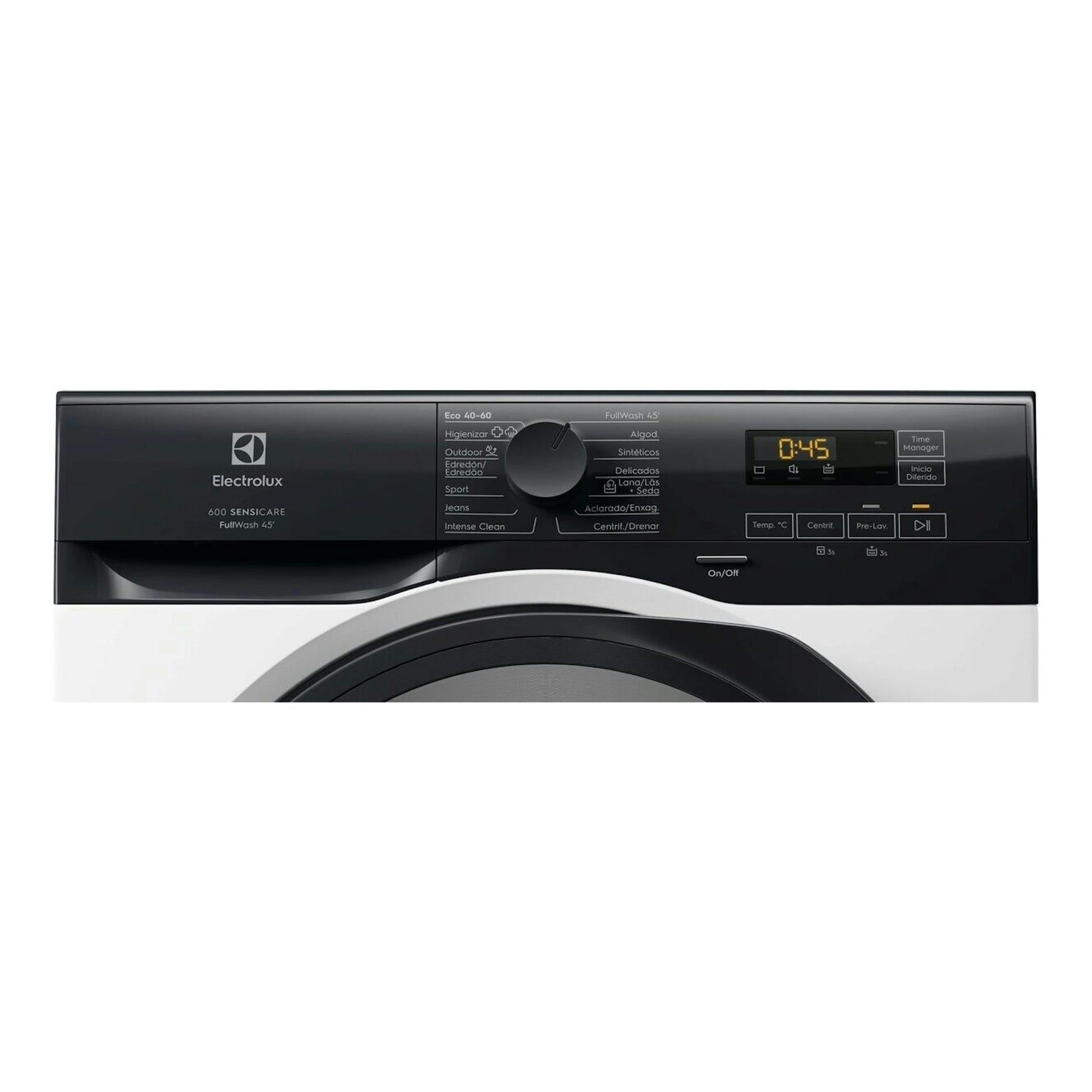 Lavadora Electrolux 600 SensiCare, vista frontal, panel negro con selector central y pantalla digital.