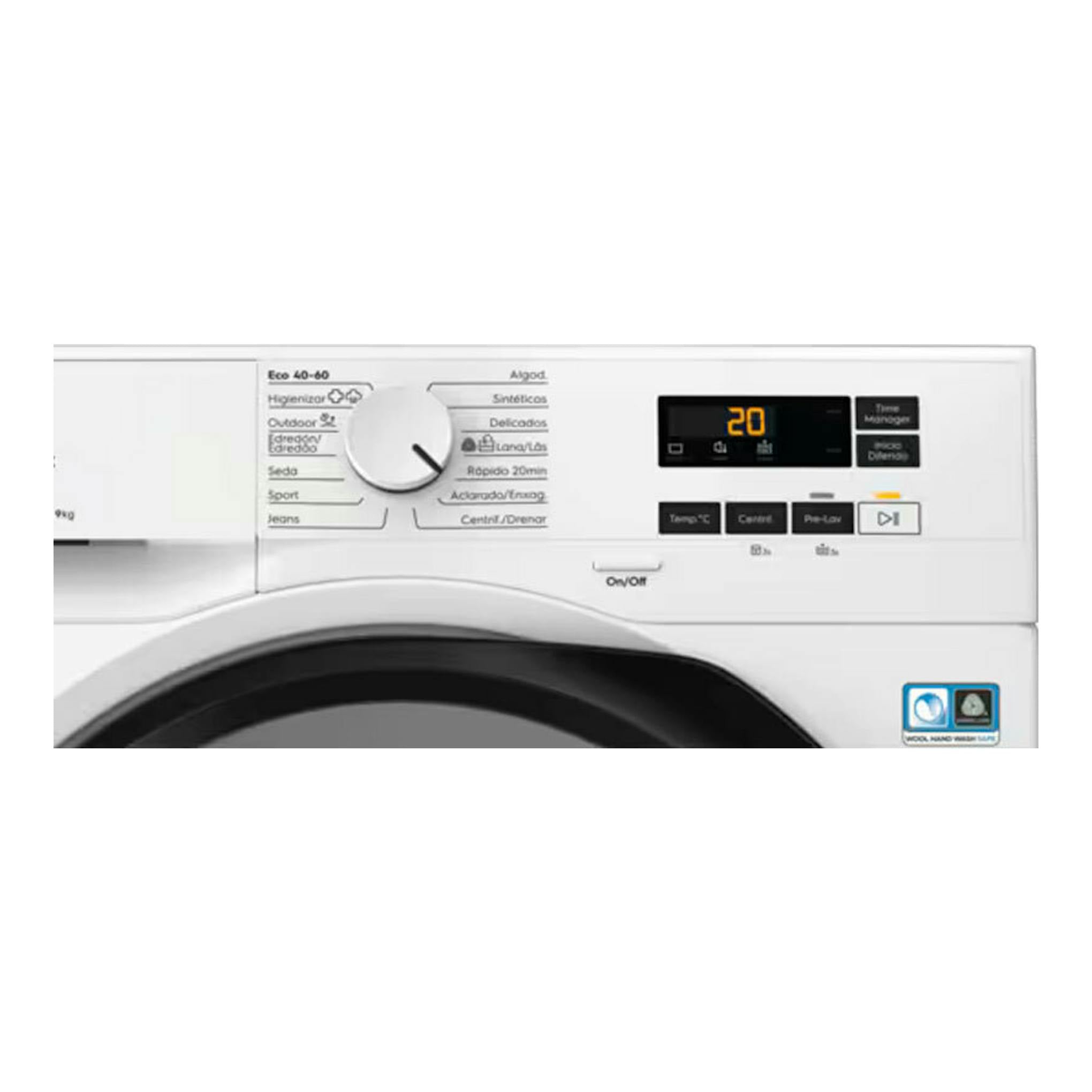 Lavadora Electrolux EFI6194O2B blanca, vista frontal del panel de control con selector y pantalla digital.
