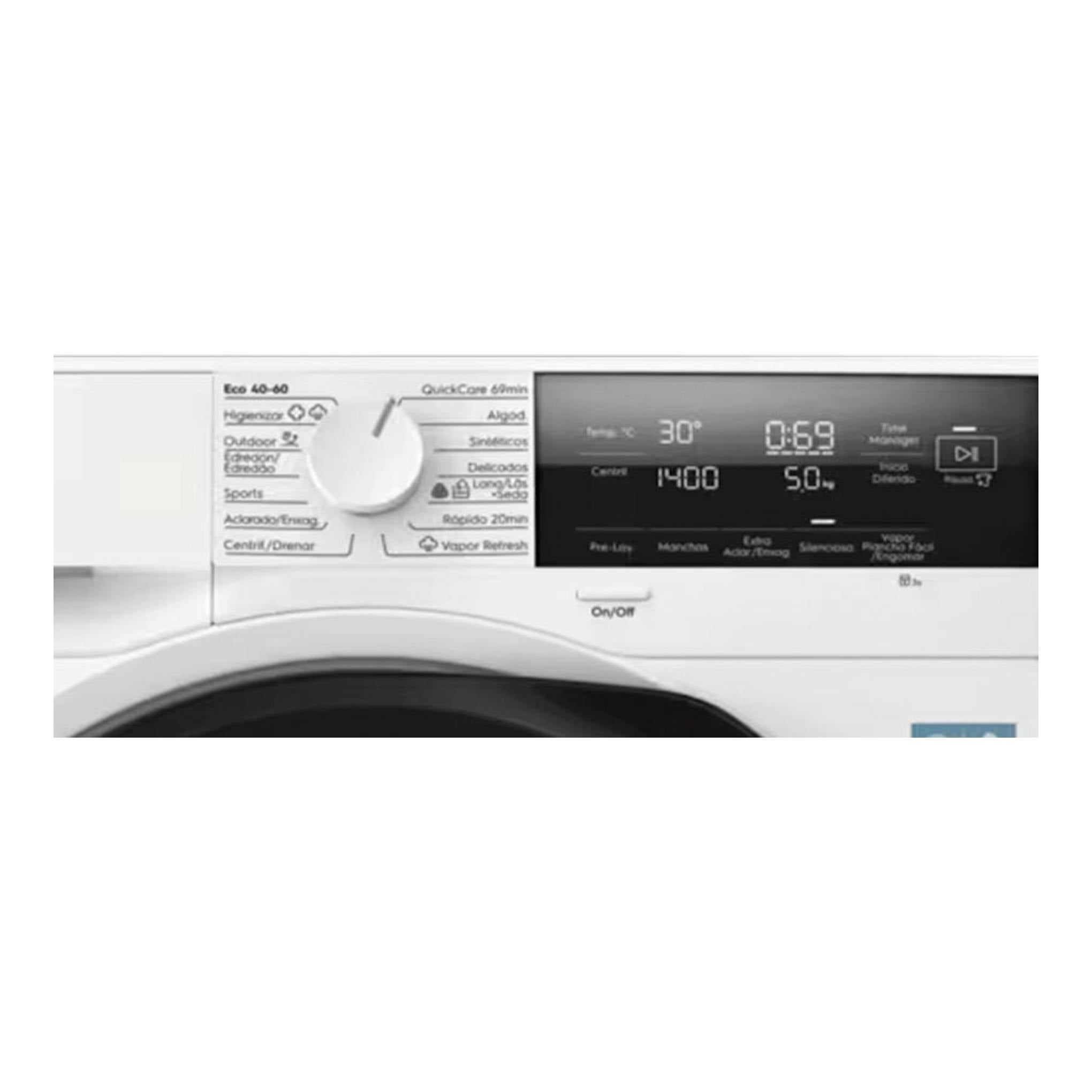 Lavadora Electrolux EFI7394N2B blanca, vista frontal parcial del panel con selector y pantalla digital.