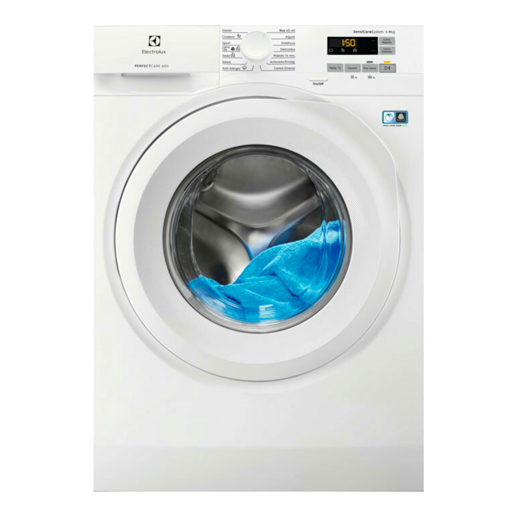 Lavadora frontal Electrolux EN6F5922FB blanca, vista frontal, con puerta circular y ropa azul dentro.