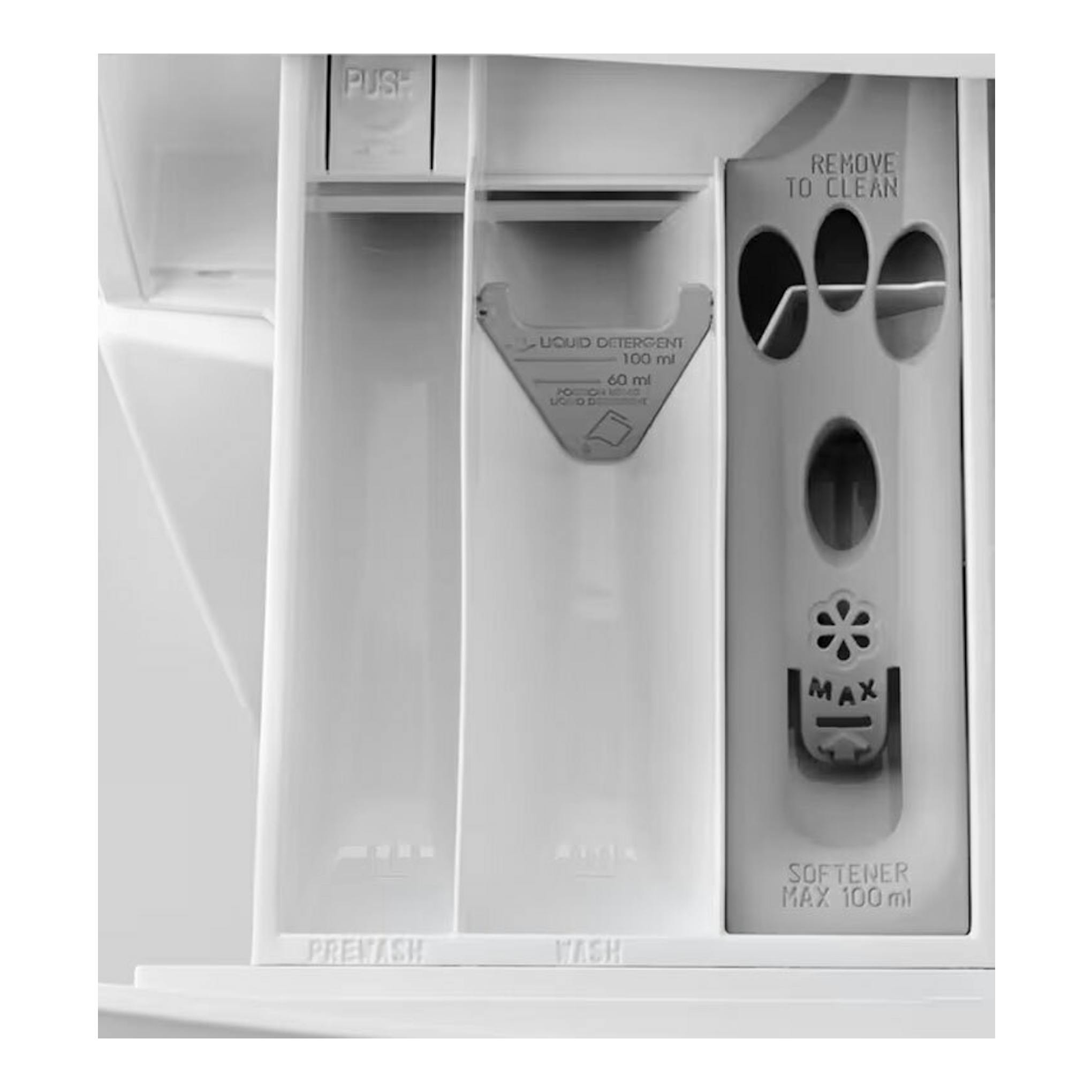 Lavadora Electrolux EN6F5922FB, primer plano del cajetín de detergente blanco con compartimentos para prelavado, lavado y suavizante.