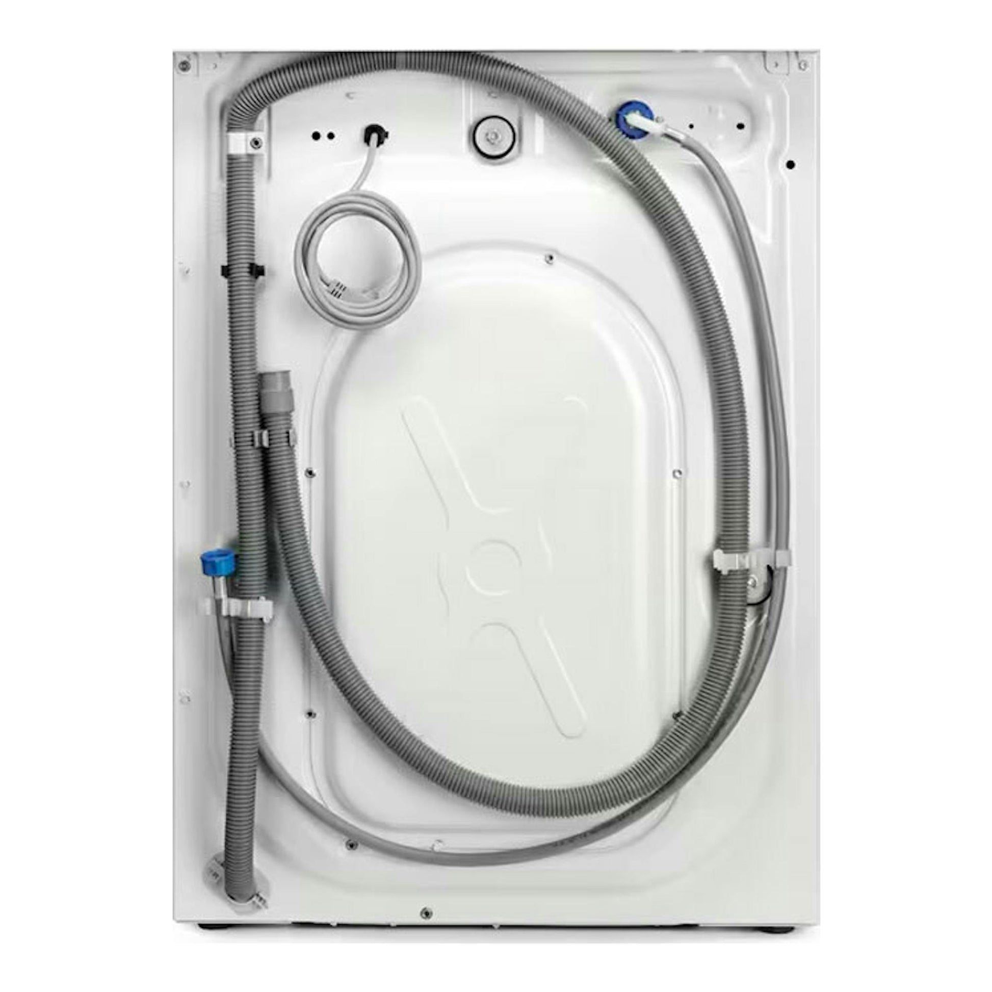 Lavadora Electrolux EN6F5922FB 9Kg, vista trasera blanca con mangueras y cable visibles.