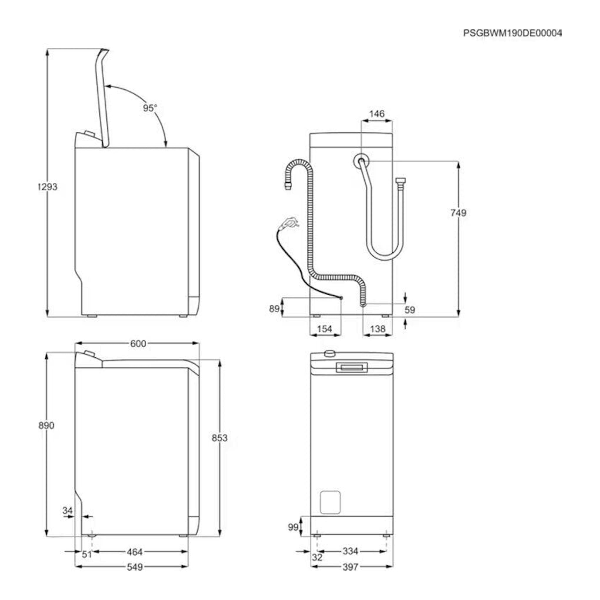 Electrolux EN6T5722AF, plano técnico de lavadora blanca con vistas lateral, frontal y trasera y medidas.