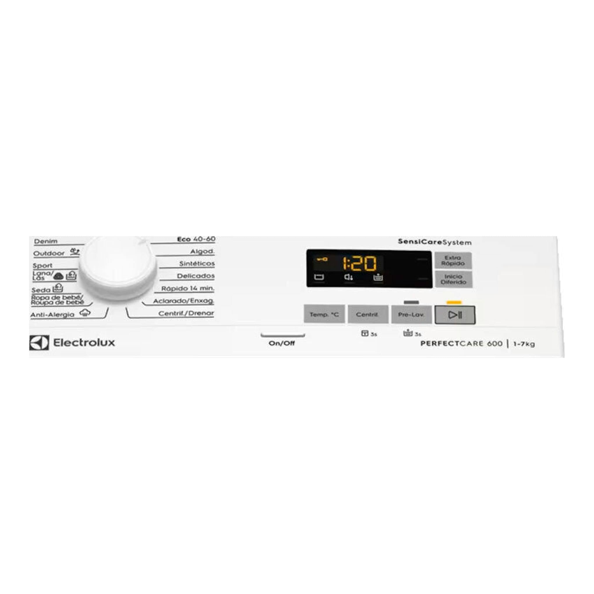 Panel superior de lavadora Electrolux EN6T5722AF blanca, con selector, pantalla digital y botones.