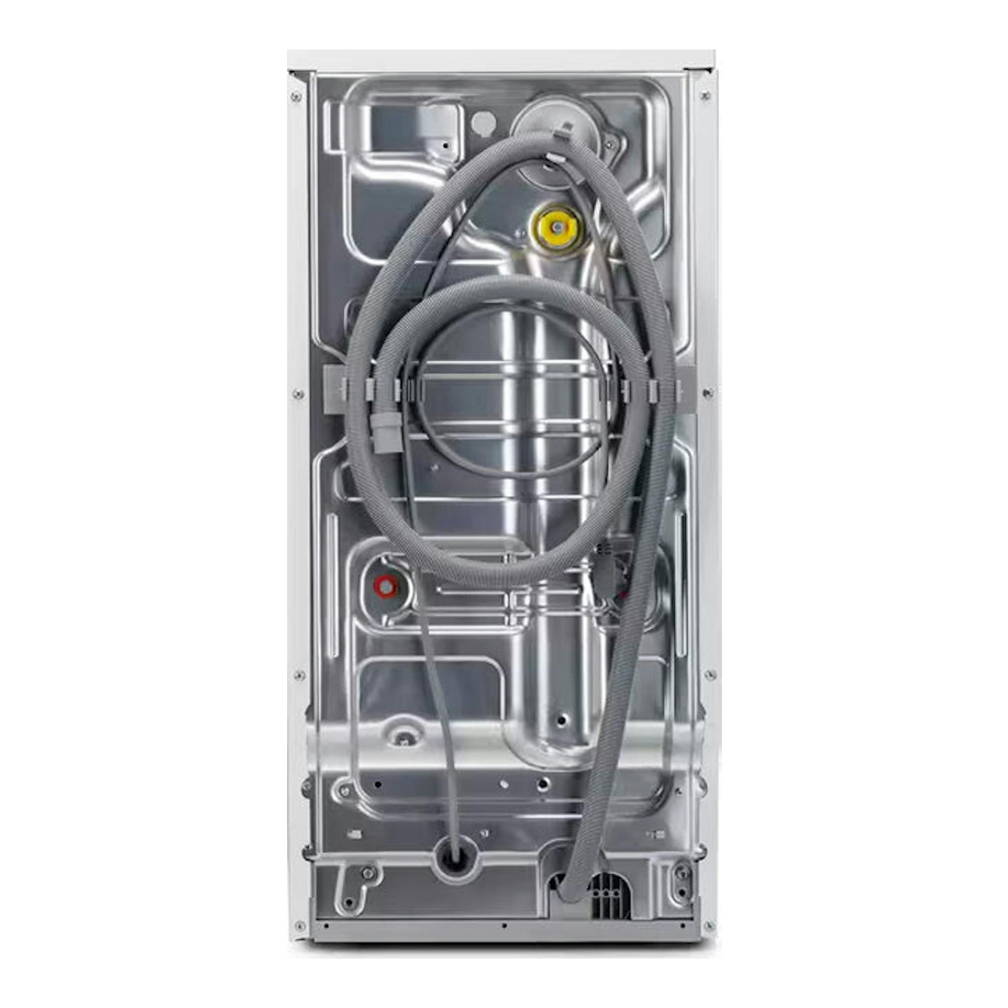 Lavadora Electrolux EN6T5722AF blanca, vista trasera, con mangueras y panel metálico.