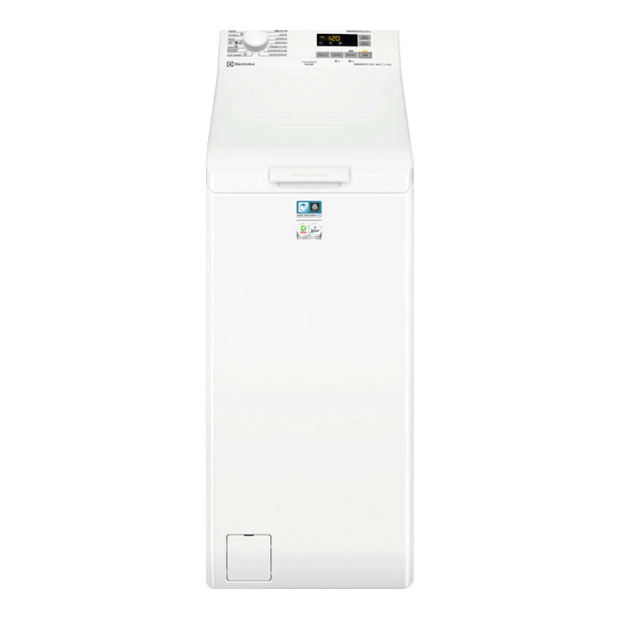 Lavadora vertical blanca Electrolux EN6T5732NB, vista frontal, con panel de control superior.