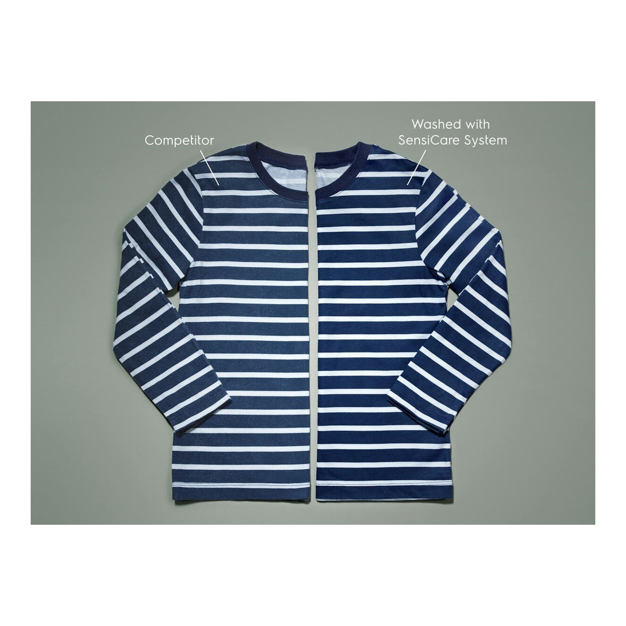 Camiseta de rayas azul marino y blancas, vista frontal, dividida en dos mitades con textos comparativos.