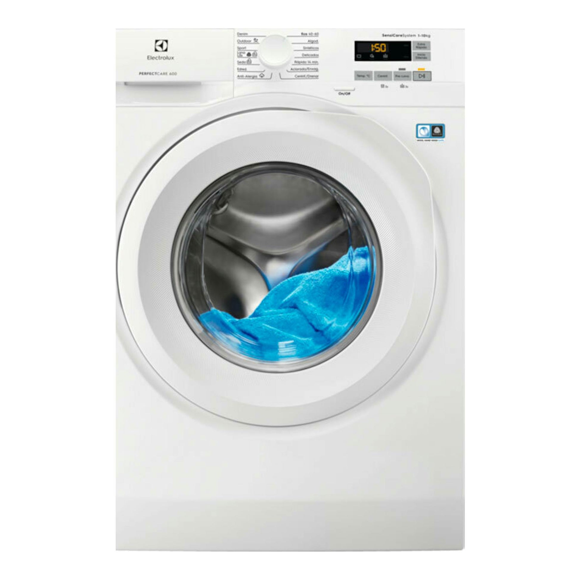 Lavadora frontal Electrolux EW6F5142FB blanca, vista frontal, con ropa azul en el tambor.