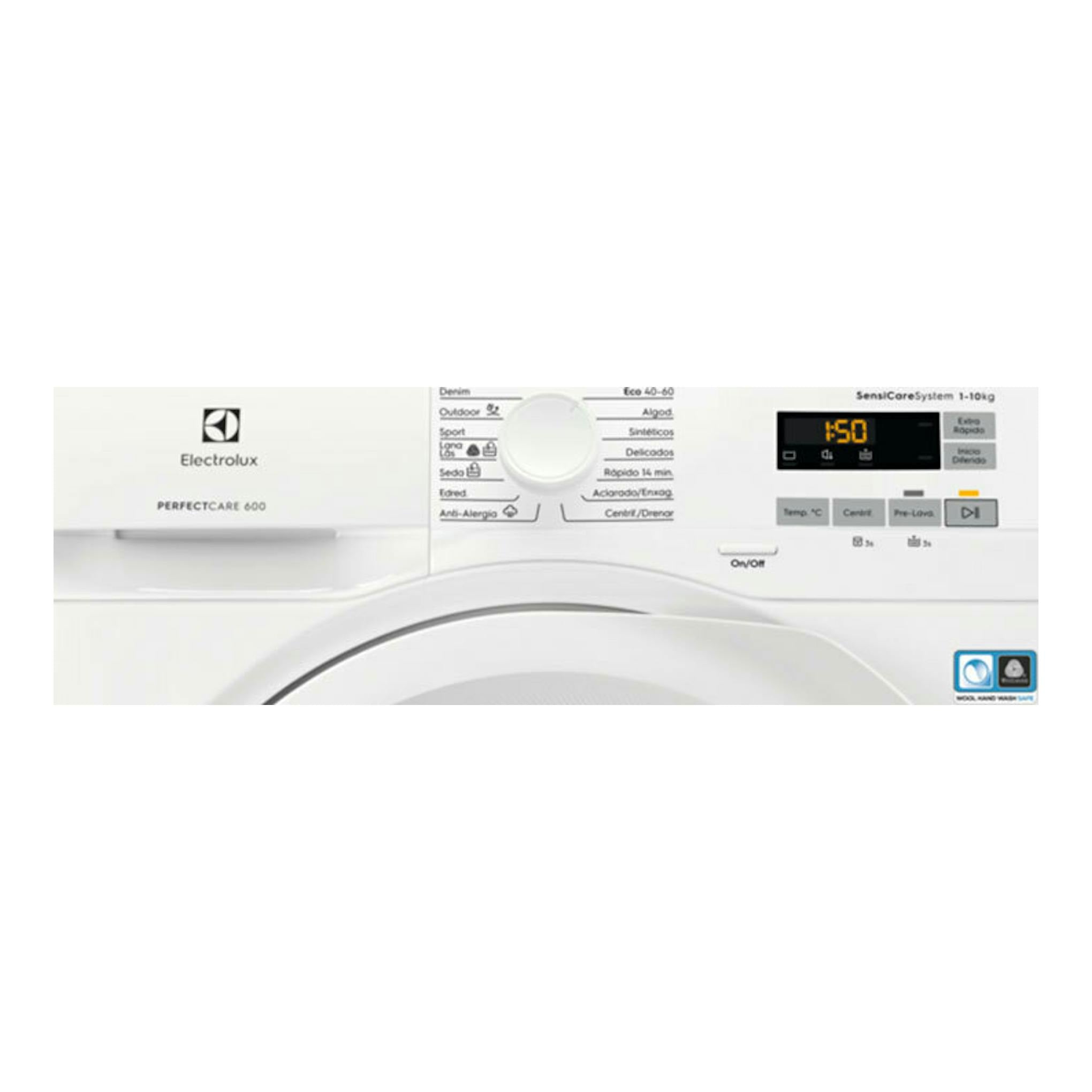 Lavadora Electrolux EW6F5142FB PerfectCare 600 blanca, vista frontal parcial del panel de control.