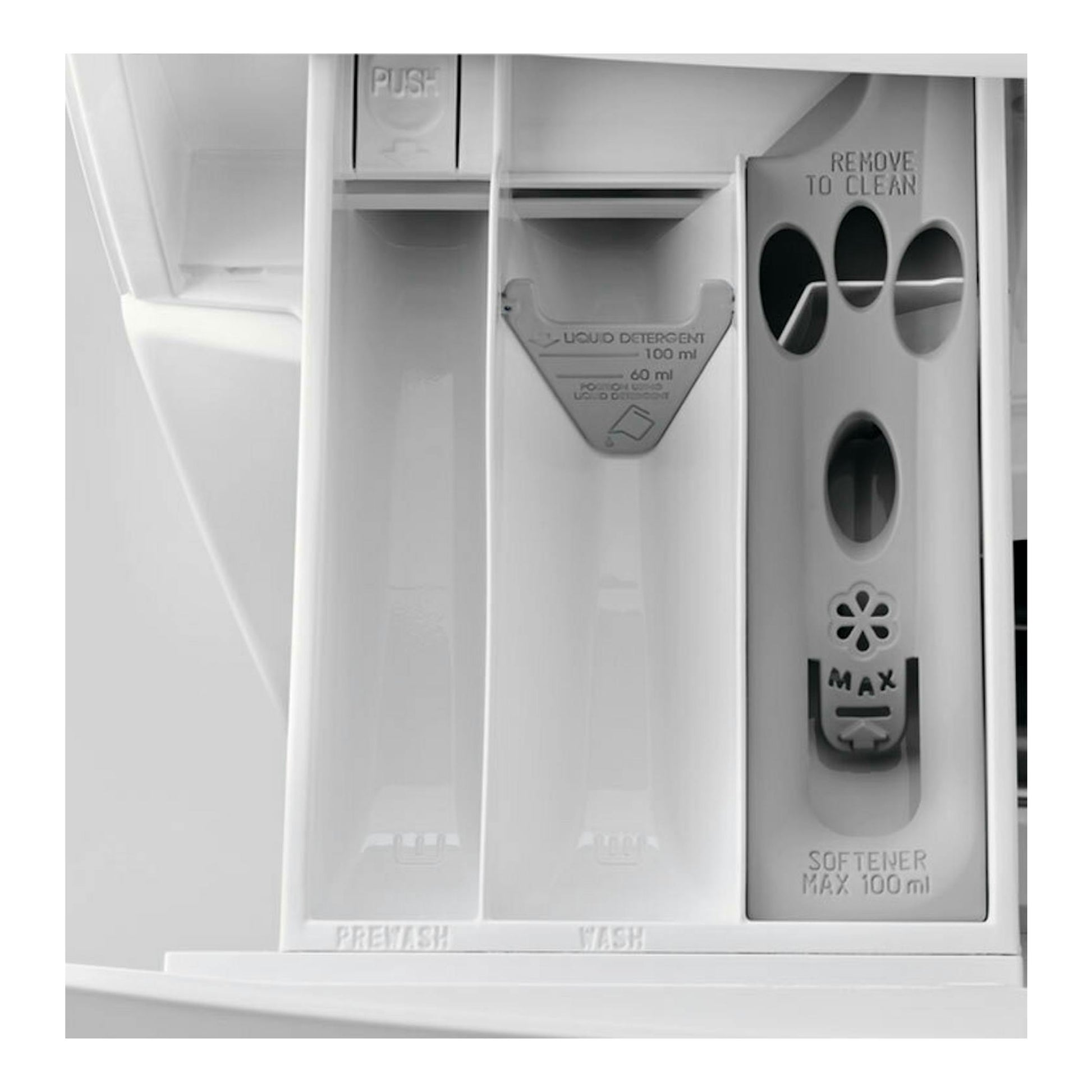 Lavadora Electrolux EW6F5142FB, detalle frontal del cajetín de detergente en color blanco.