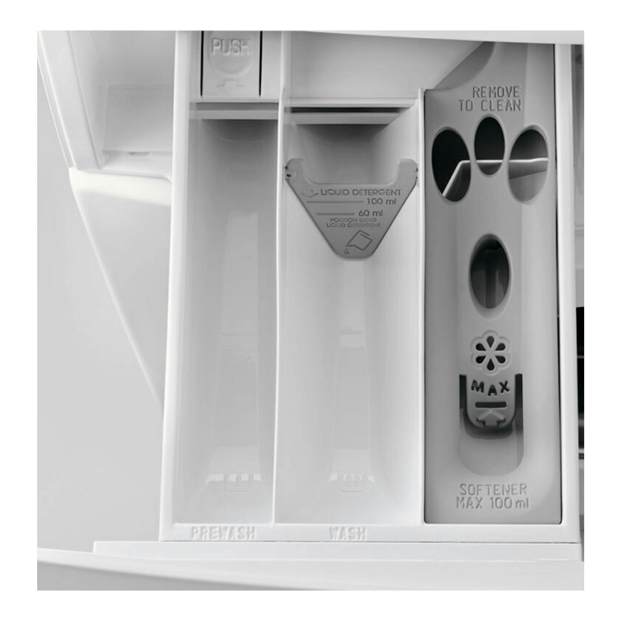 Lavadora Electrolux EW6F5142FB, detalle frontal del cajetín de detergente en color blanco.