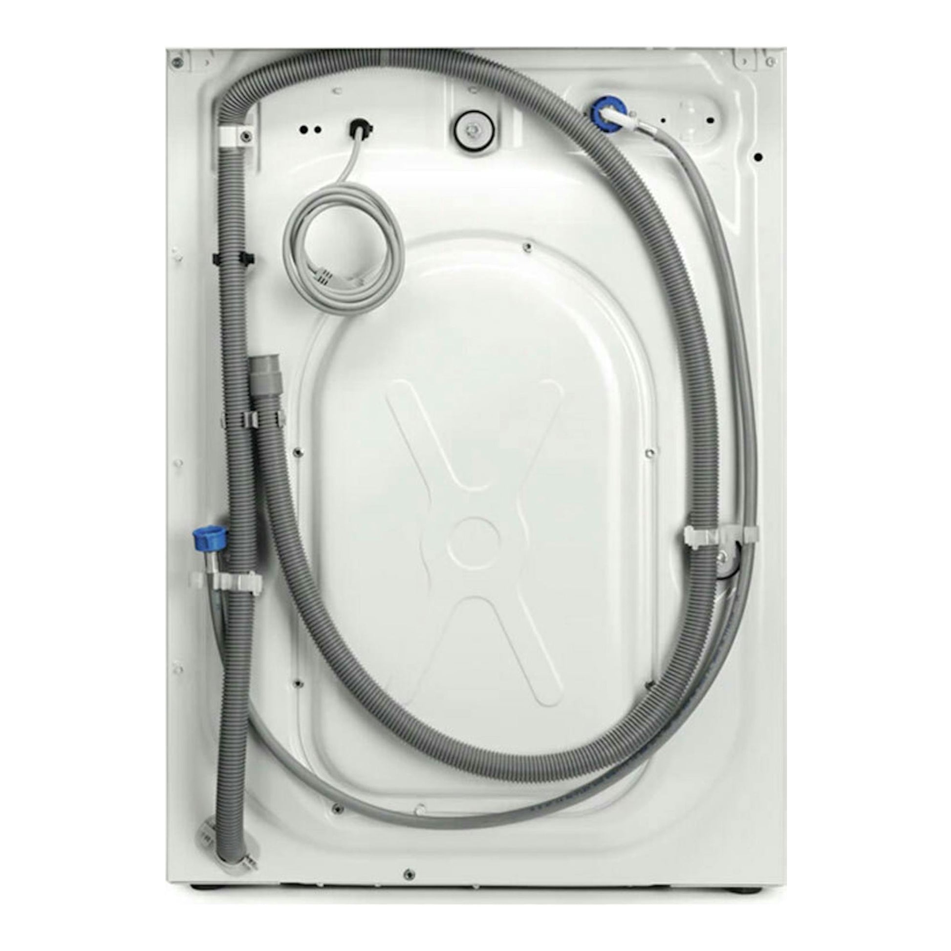 Lavadora Electrolux EW6F5142FB blanca de 10 kg, vista trasera con mangueras y cable.
