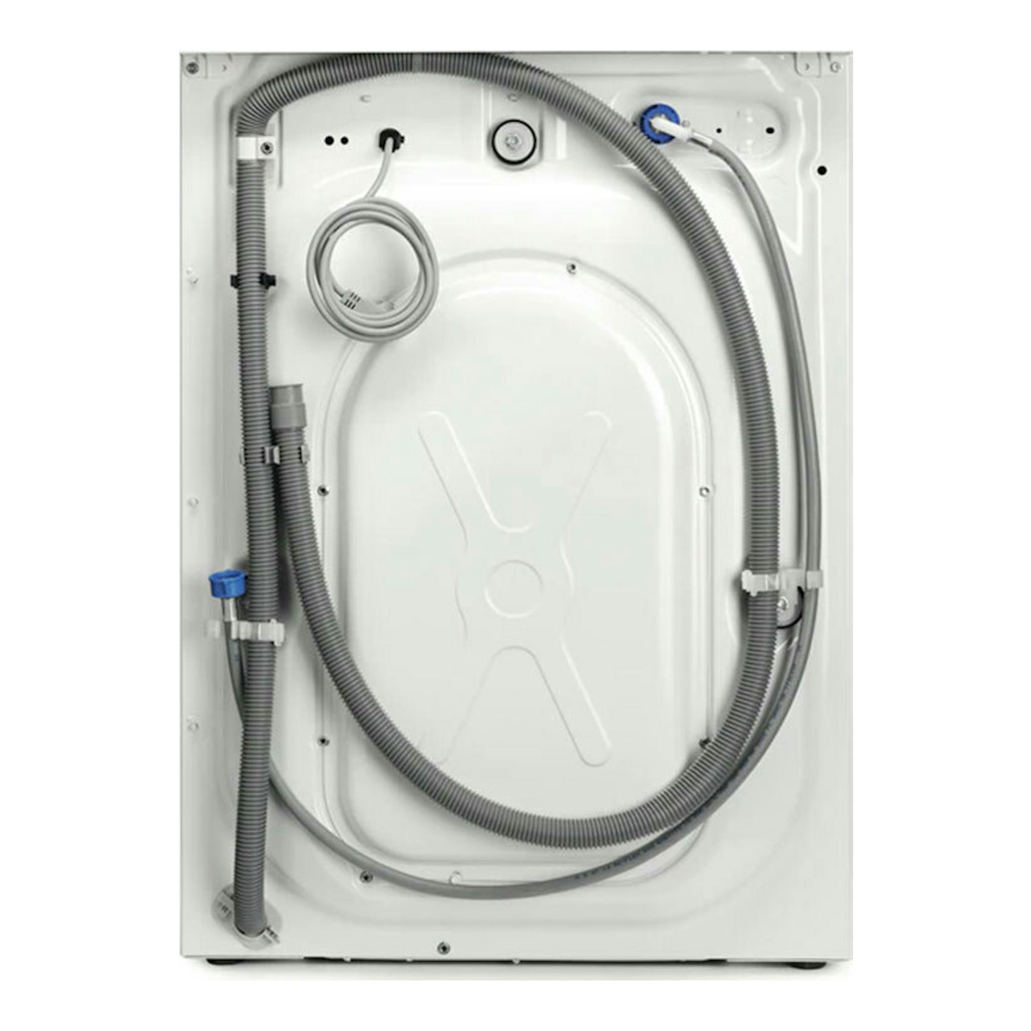 Lavadora Electrolux EW6F5142FB blanca de 10 kg, vista trasera con mangueras y cable.