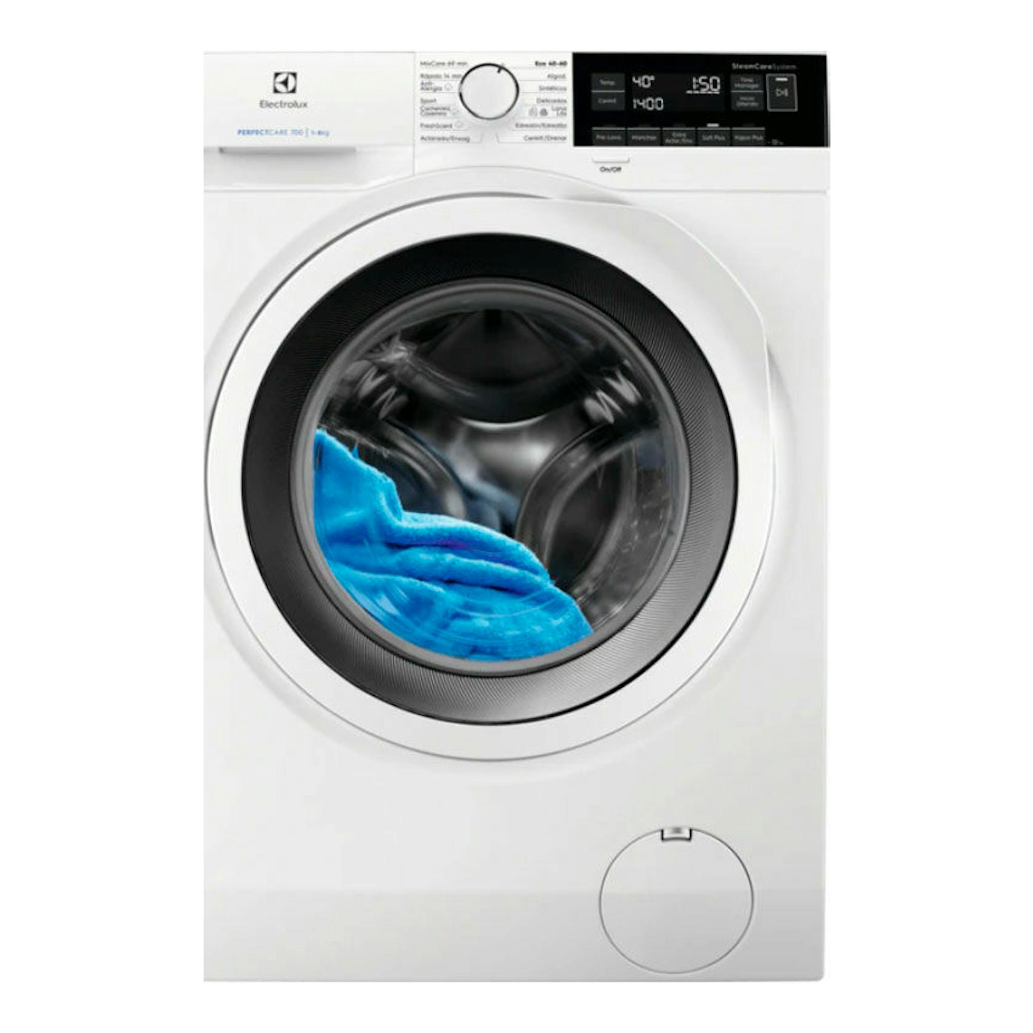 Lavadora frontal Electrolux EW7F3844ON blanca, vista frontal, con ropa azul visible en el tambor.
