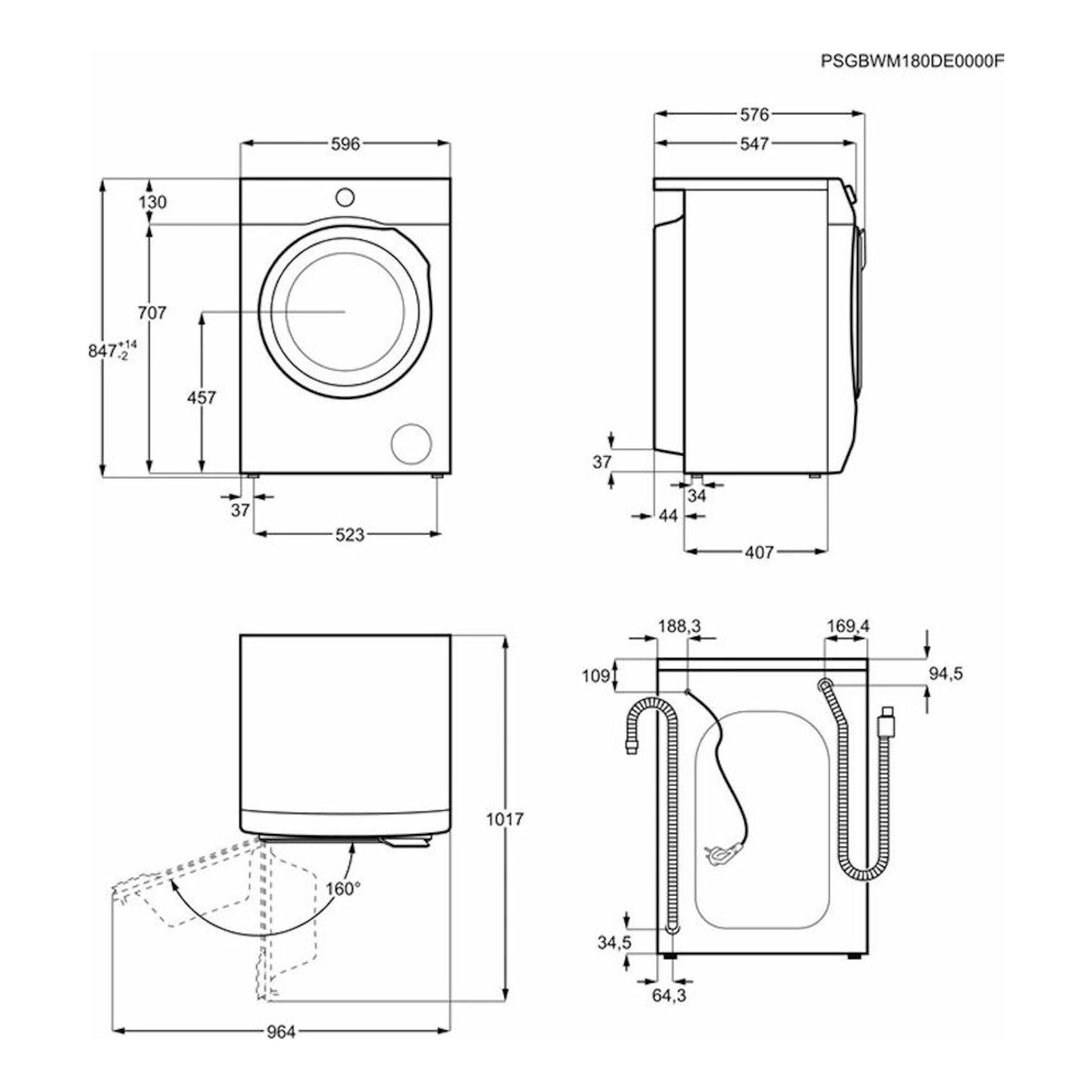 Lavadora Electrolux EW7F3844ON de 8 kg, plano técnico con vistas frontal, lateral y conexiones.