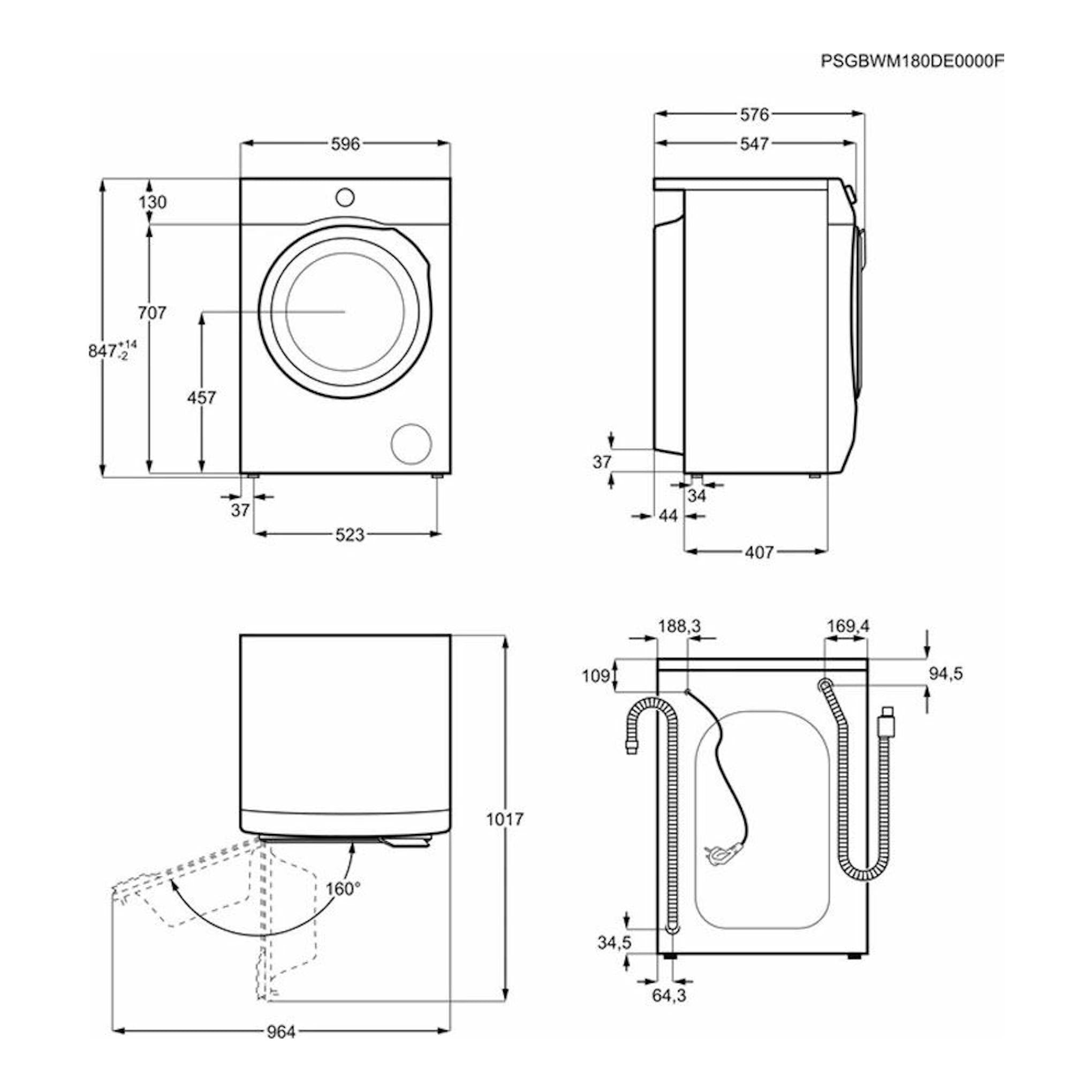 Lavadora Electrolux EW7F3844ON de 8 kg, plano técnico con vistas frontal, lateral y conexiones.