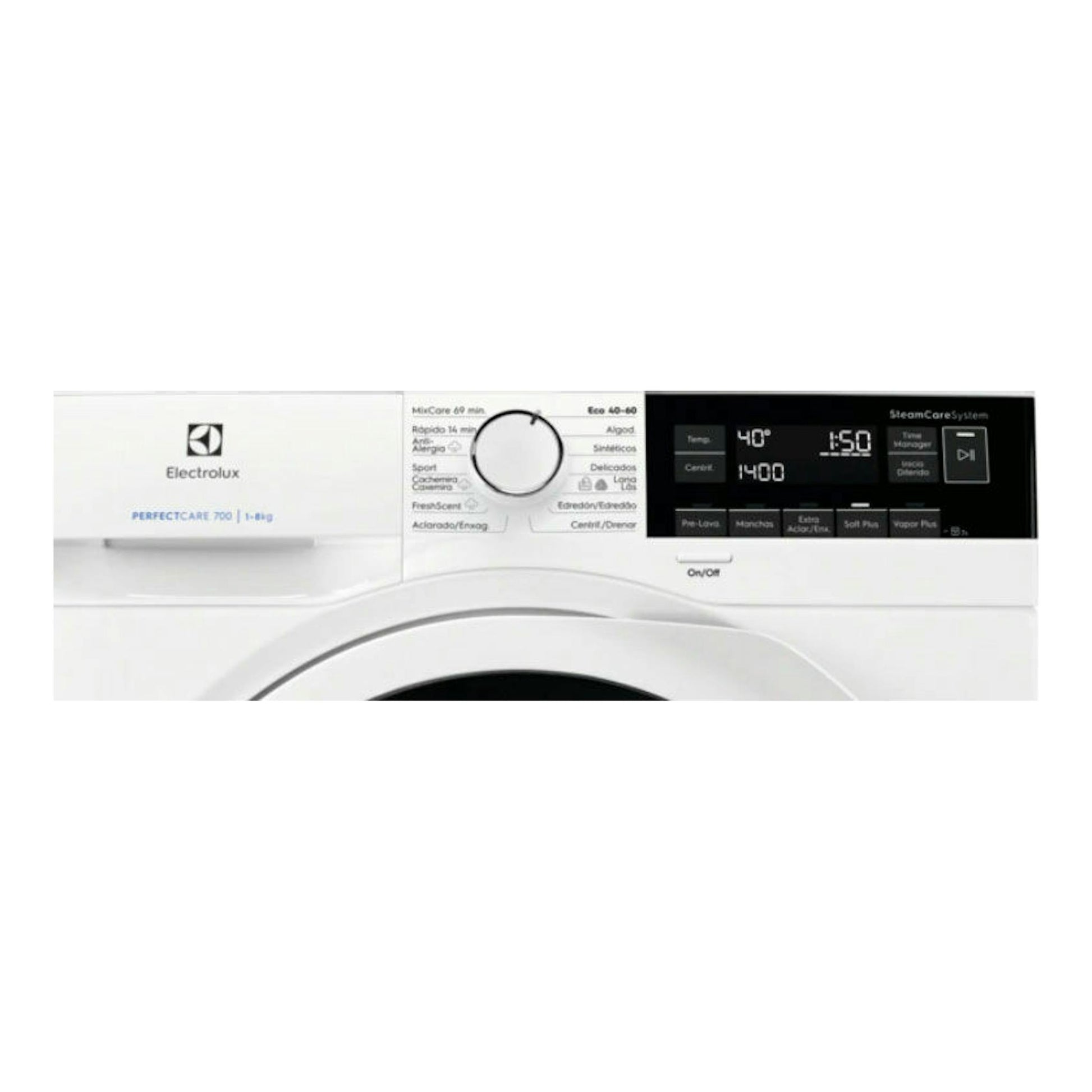 Lavadora Electrolux EW7F3844ON blanca, vista frontal, con panel digital negro y puerta circular.