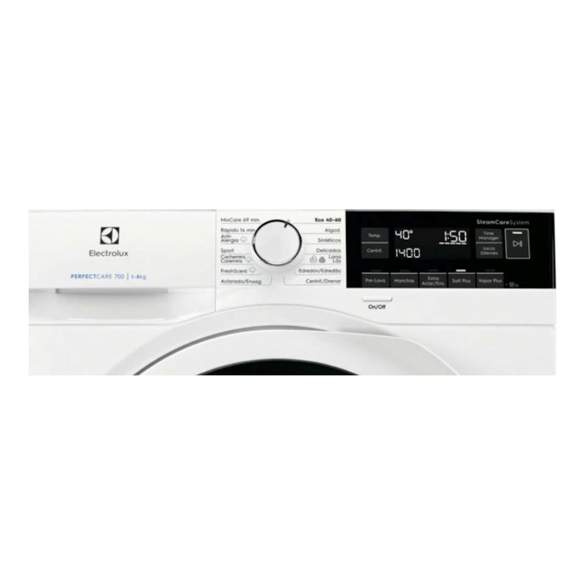 Lavadora Electrolux EW7F3844ON blanca, vista frontal, con panel digital negro y puerta circular.