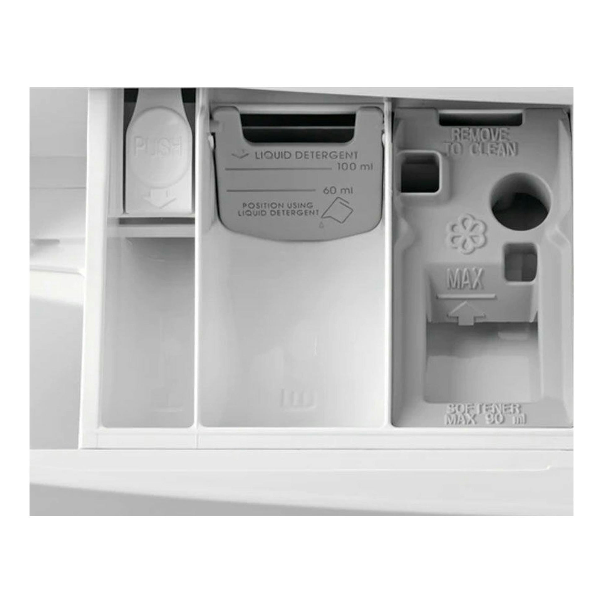 Electrolux EW7F3844ON, vista frontal del cajetín de detergente blanco con compartimentos.