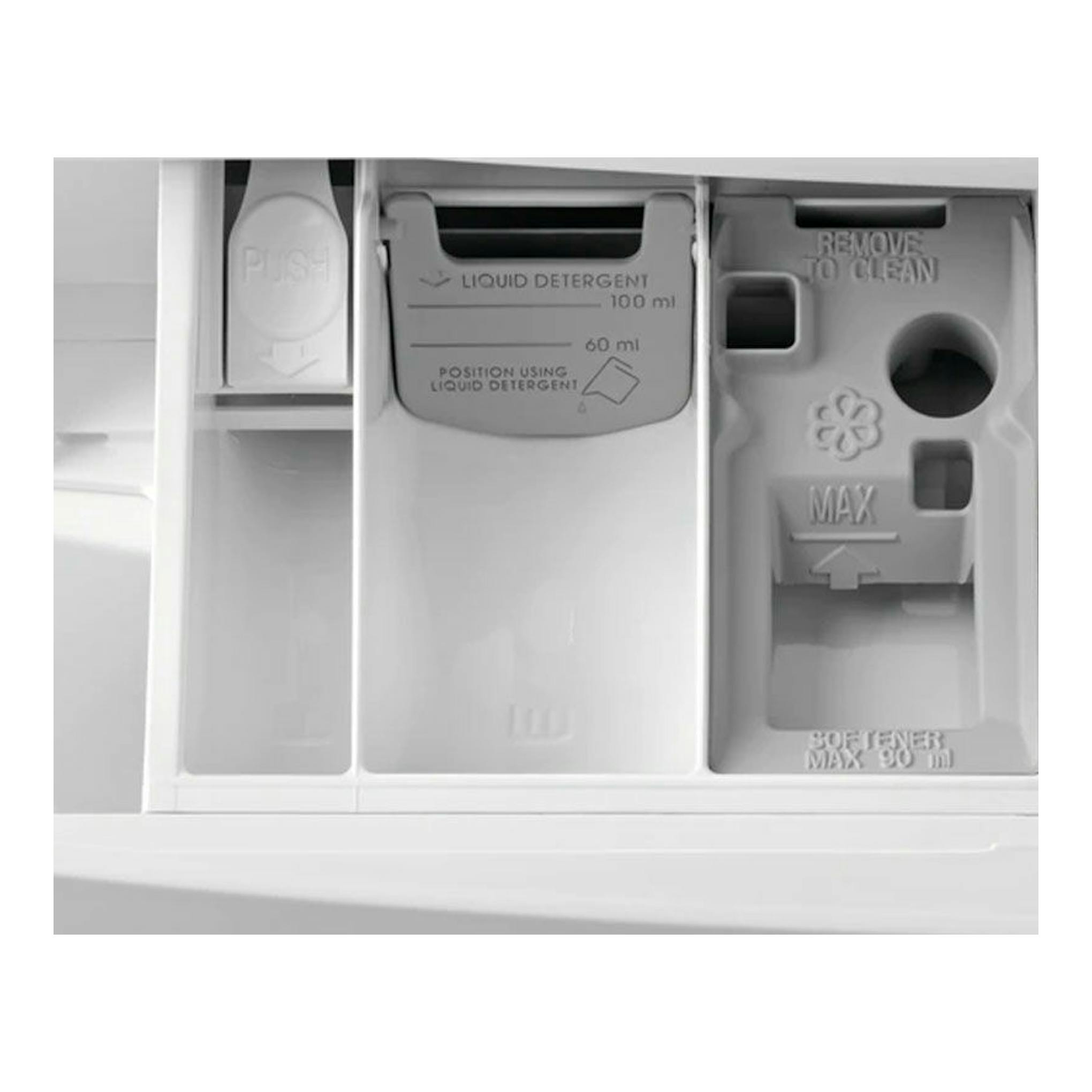 Electrolux EW7F3844ON, vista frontal del cajetín de detergente blanco con compartimentos.