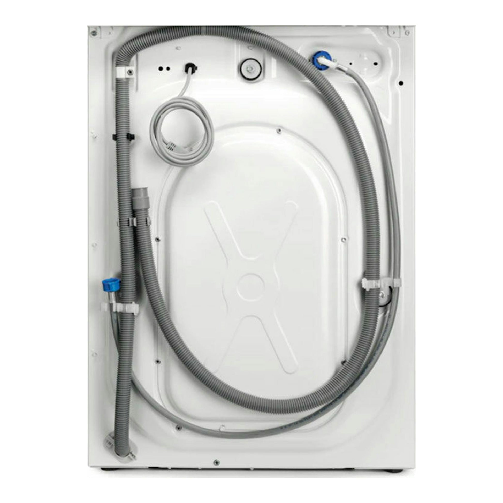 Electrolux EW7F3844ON, vista trasera de lavadora blanca con mangueras y cable conectados.