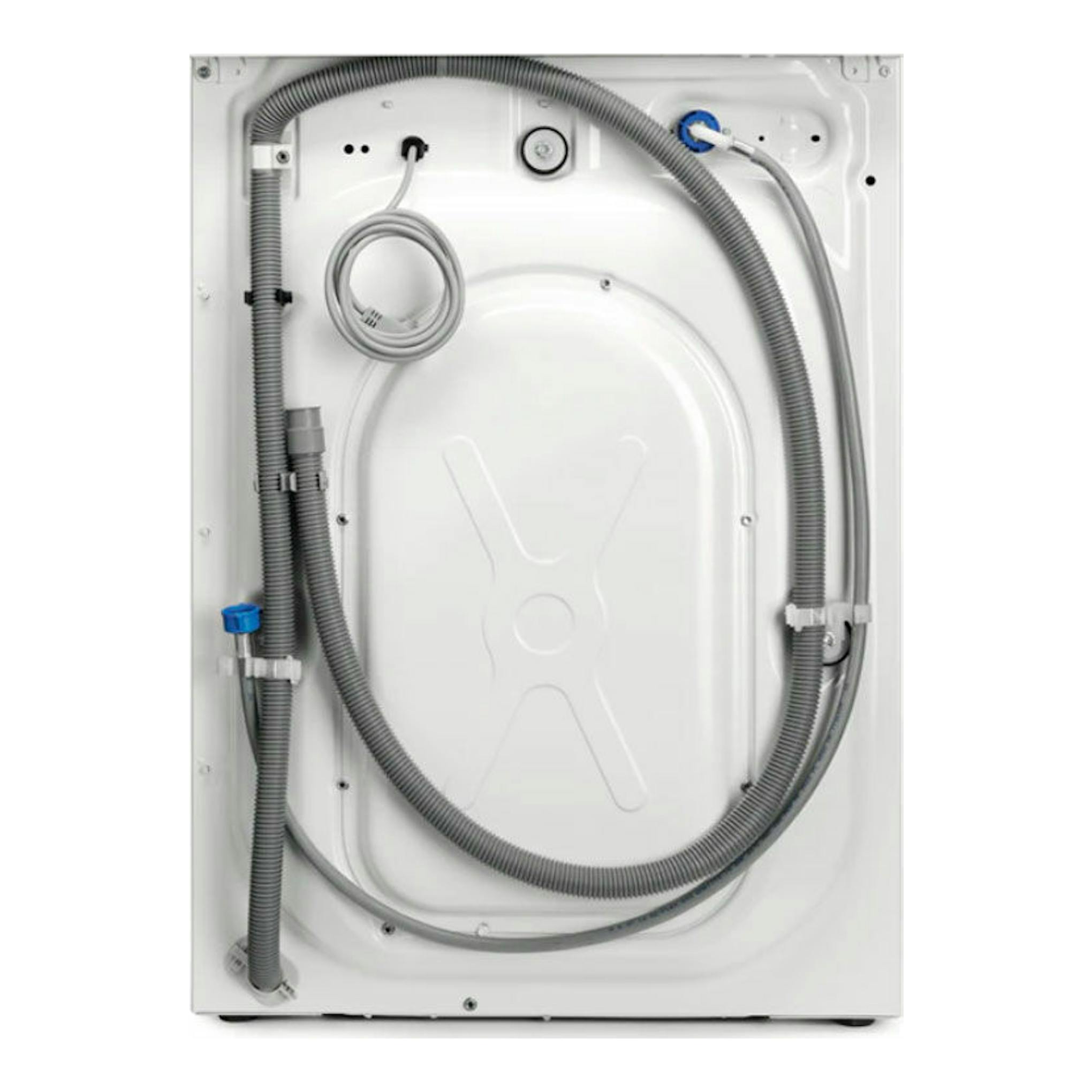 Electrolux EW7F3844ON, vista trasera de lavadora blanca con mangueras y cable conectados.