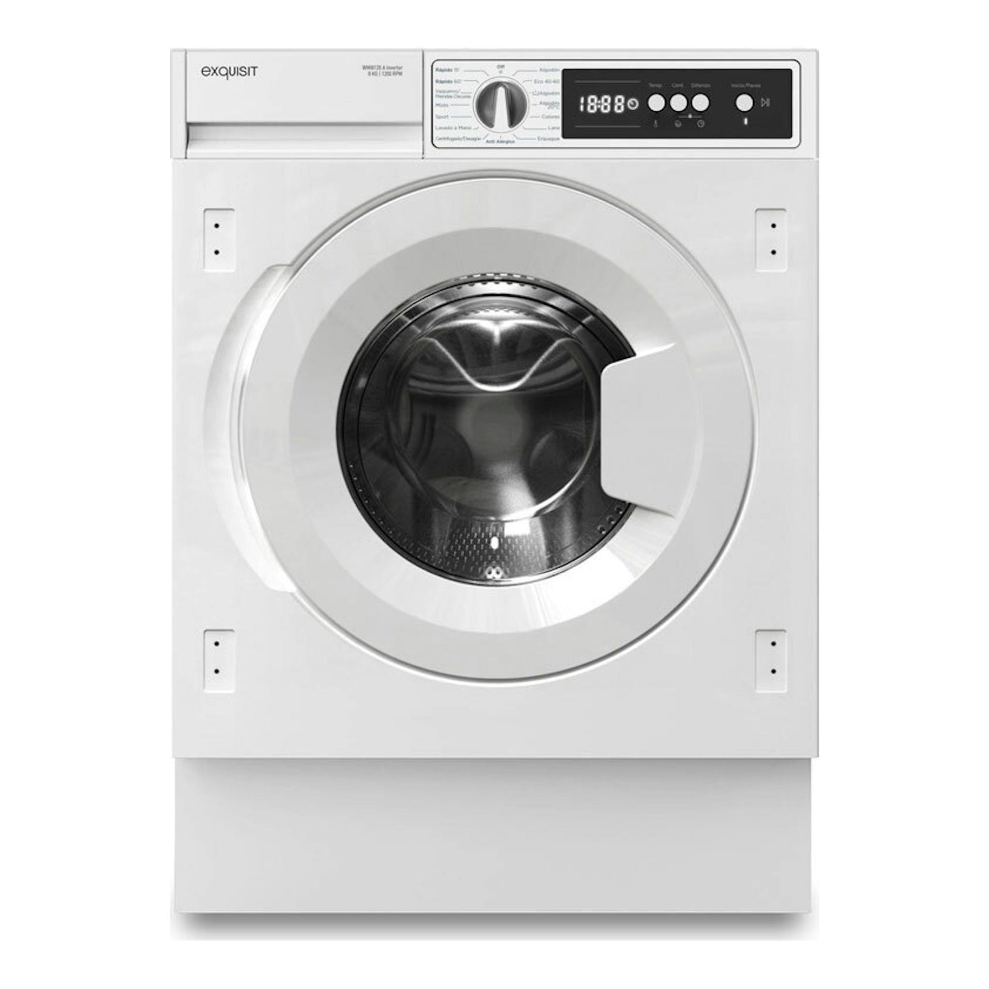 Lavadora frontal Exquisit WMI8120-E-770A blanca, vista frontal, con puerta circular y panel digital.