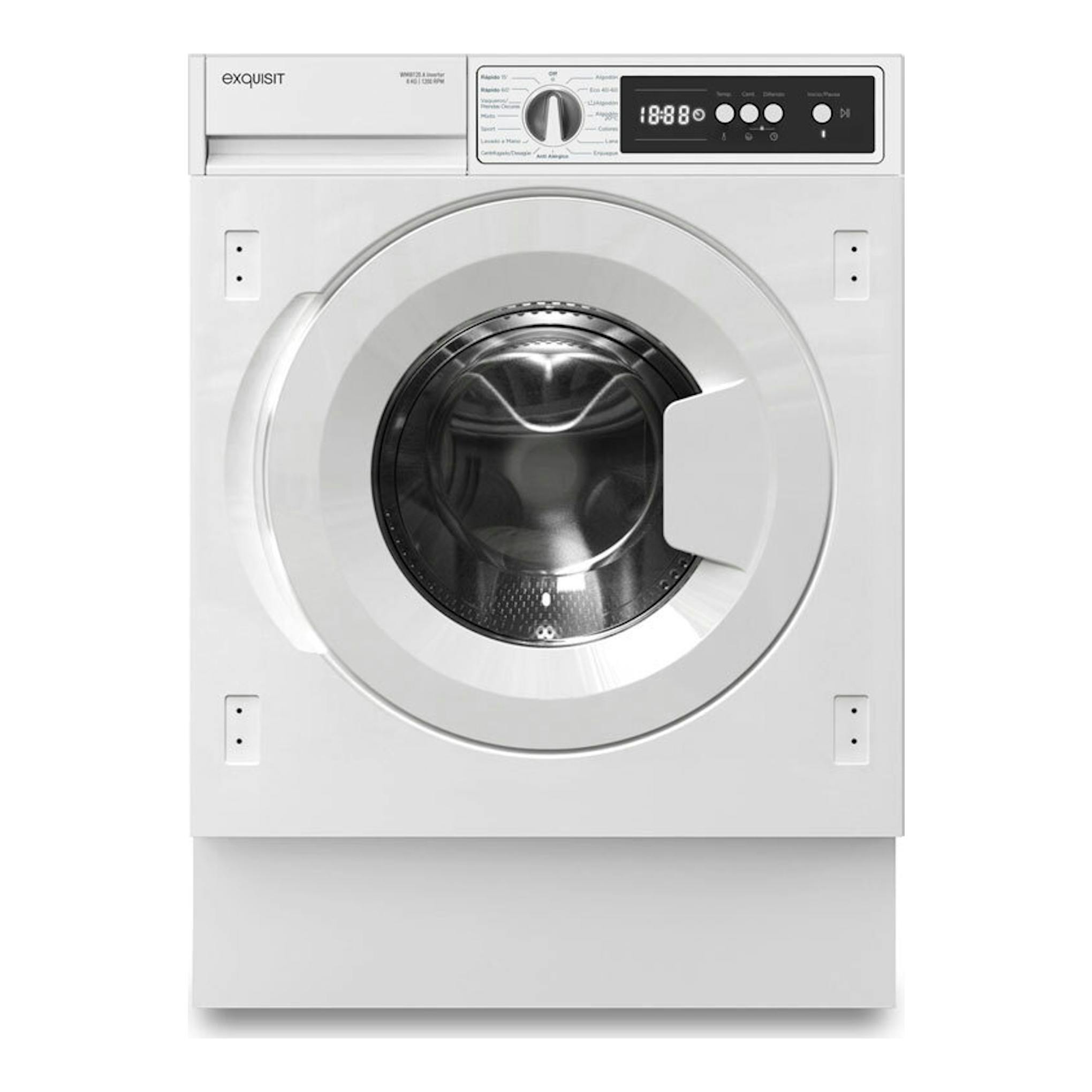 Lavadora frontal Exquisit WMI8120-E-770A blanca, vista frontal, con puerta circular y panel digital.
