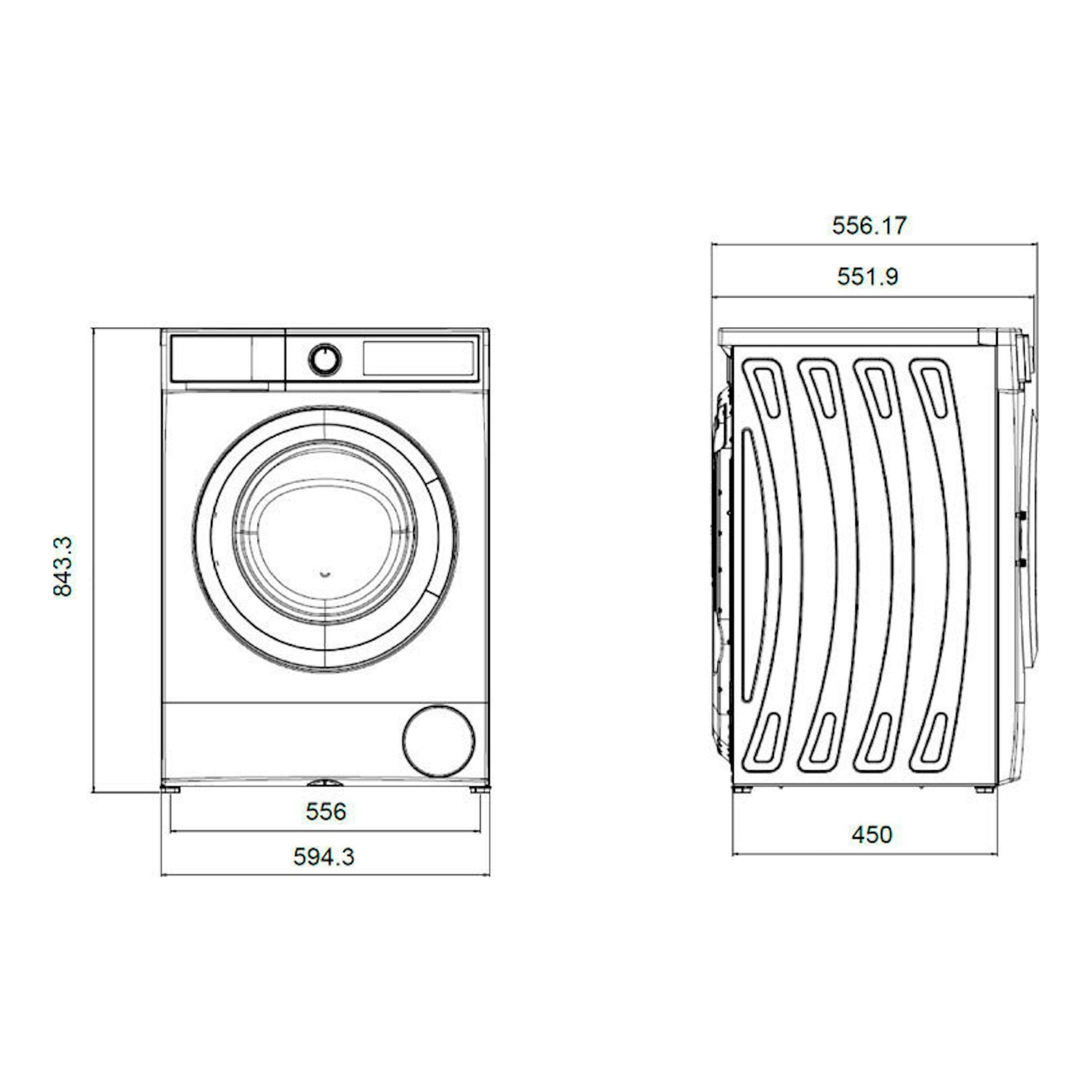 Lavadora Exquisit WMI8120-E-770A, vista frontal y lateral en plano técnico con medidas.
