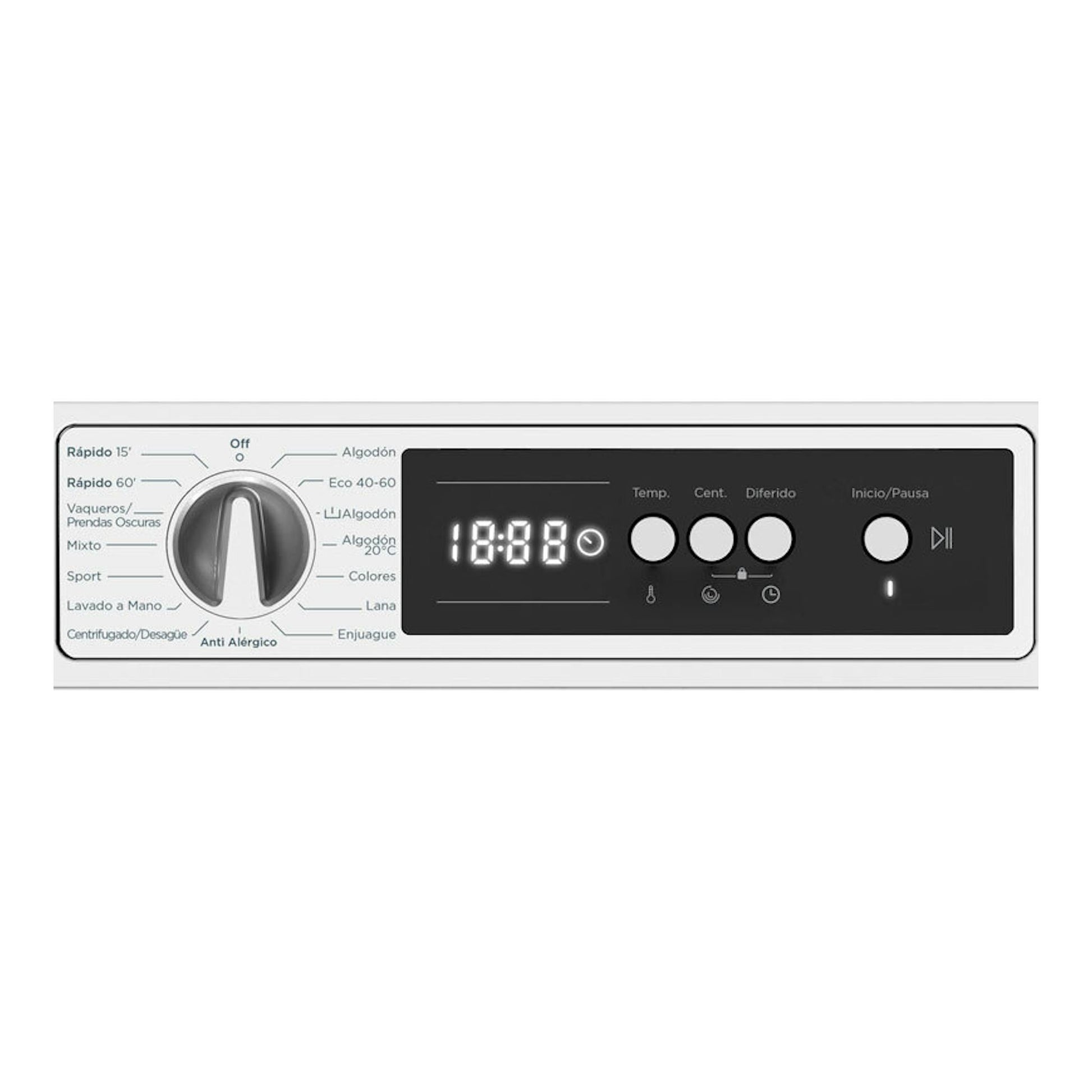 Vista frontal del panel de control de la lavadora Exquisit WMI8120-E-770A, en blanco y negro, con selector y pantalla digital.