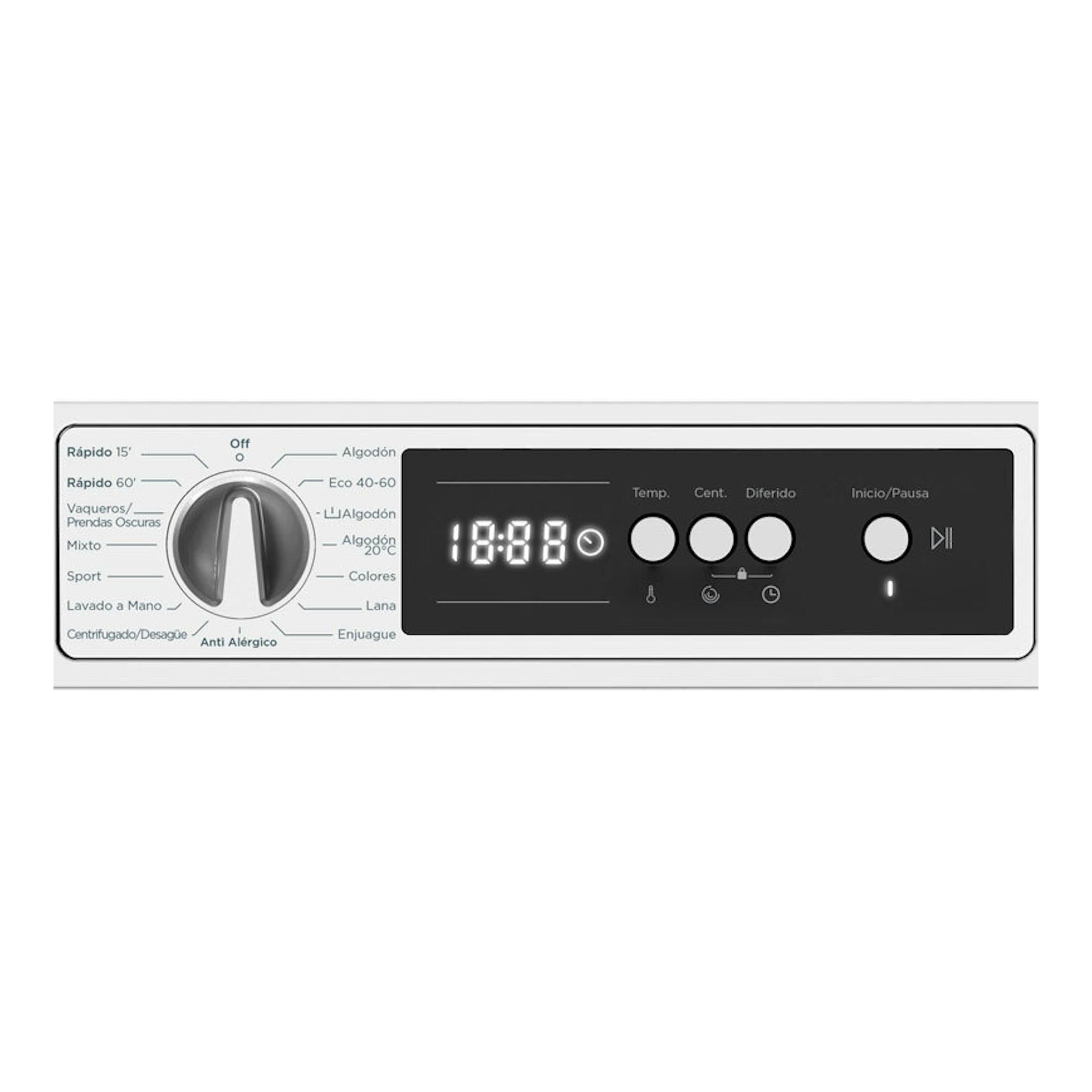 Vista frontal del panel de control de la lavadora Exquisit WMI8120-E-770A, en blanco y negro, con selector y pantalla digital.