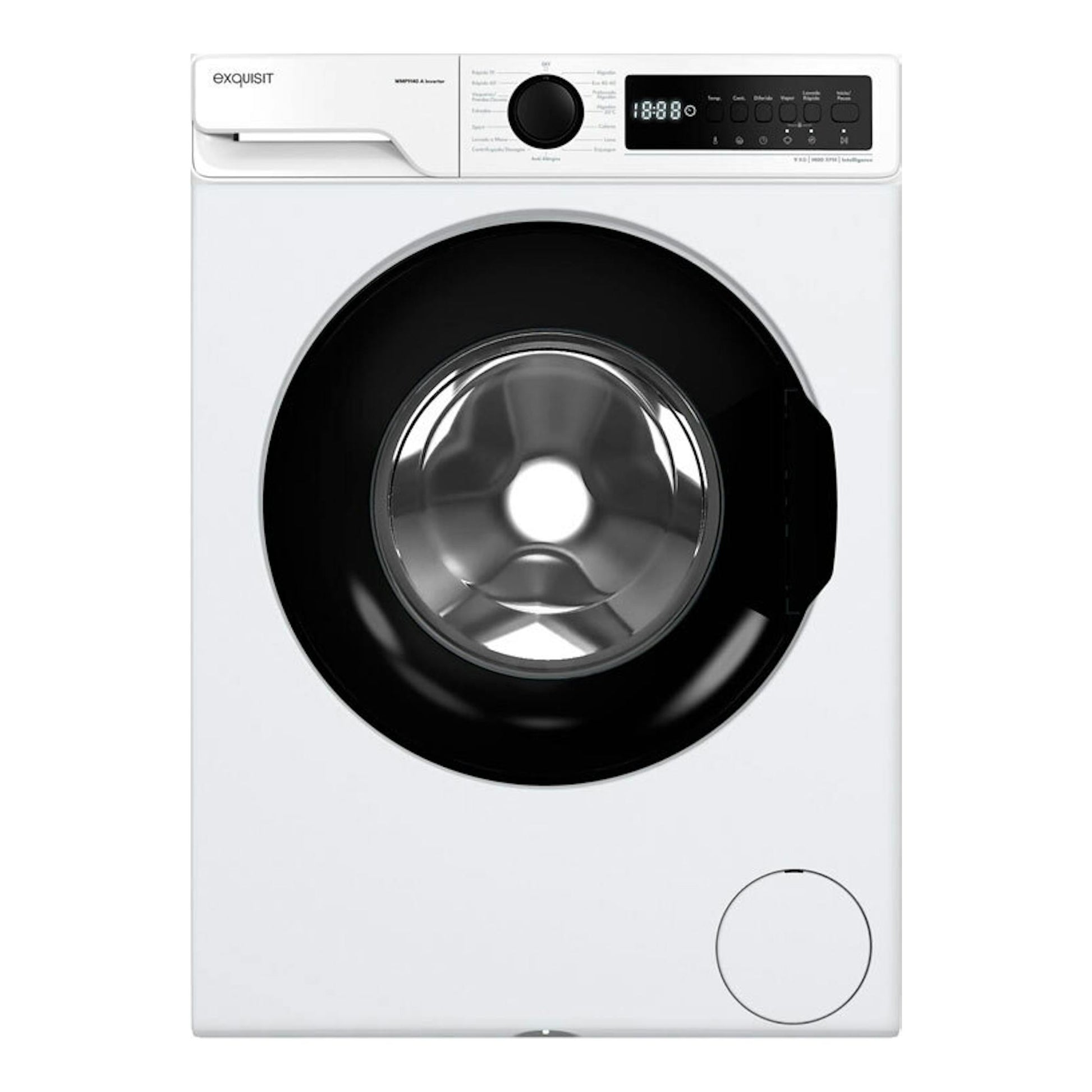 Lavadora Exquisit WMP9140-770A blanca, vista frontal, con puerta negra y panel de control superior.