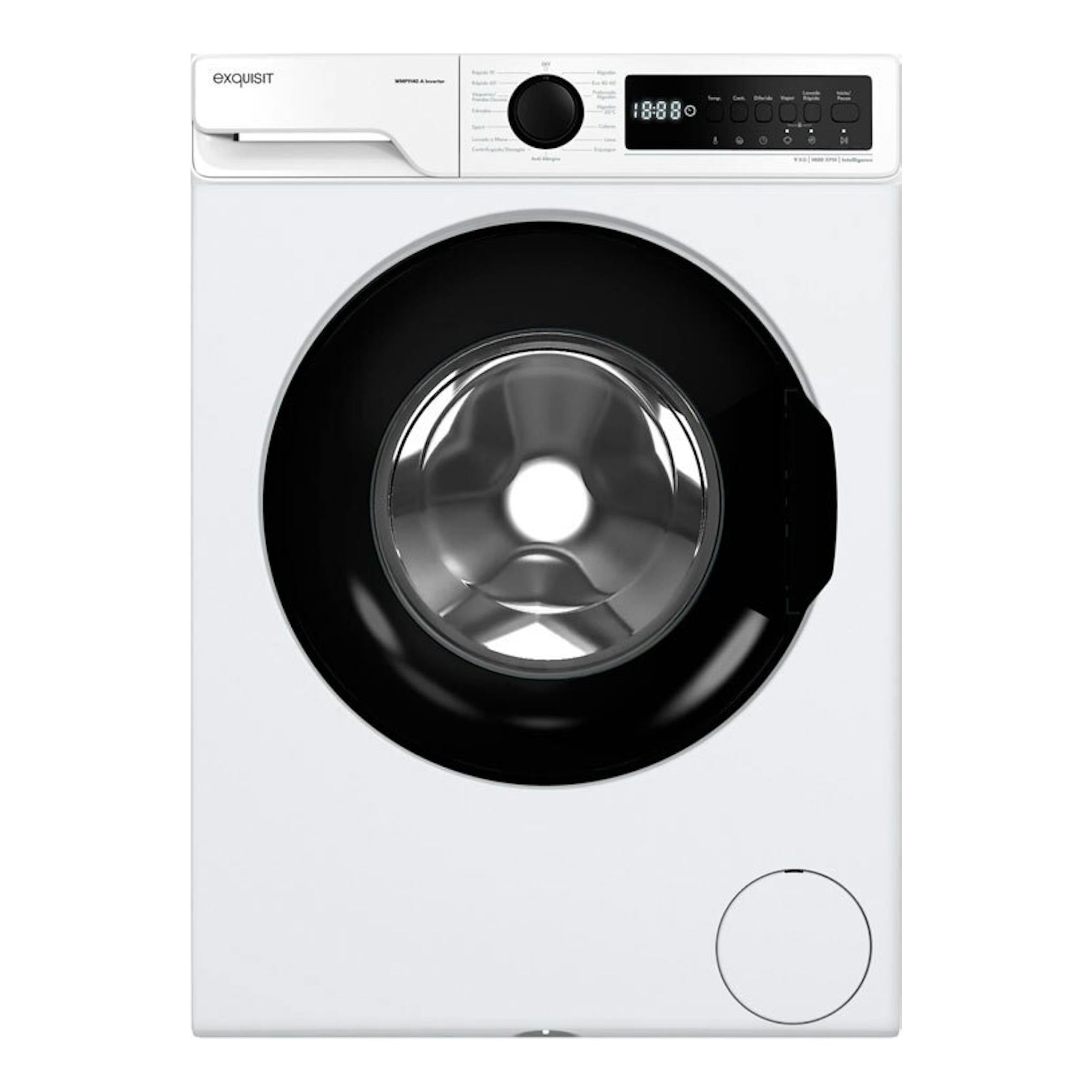 Lavadora Exquisit WMP9140-770A blanca, vista frontal, con puerta negra y panel de control superior.