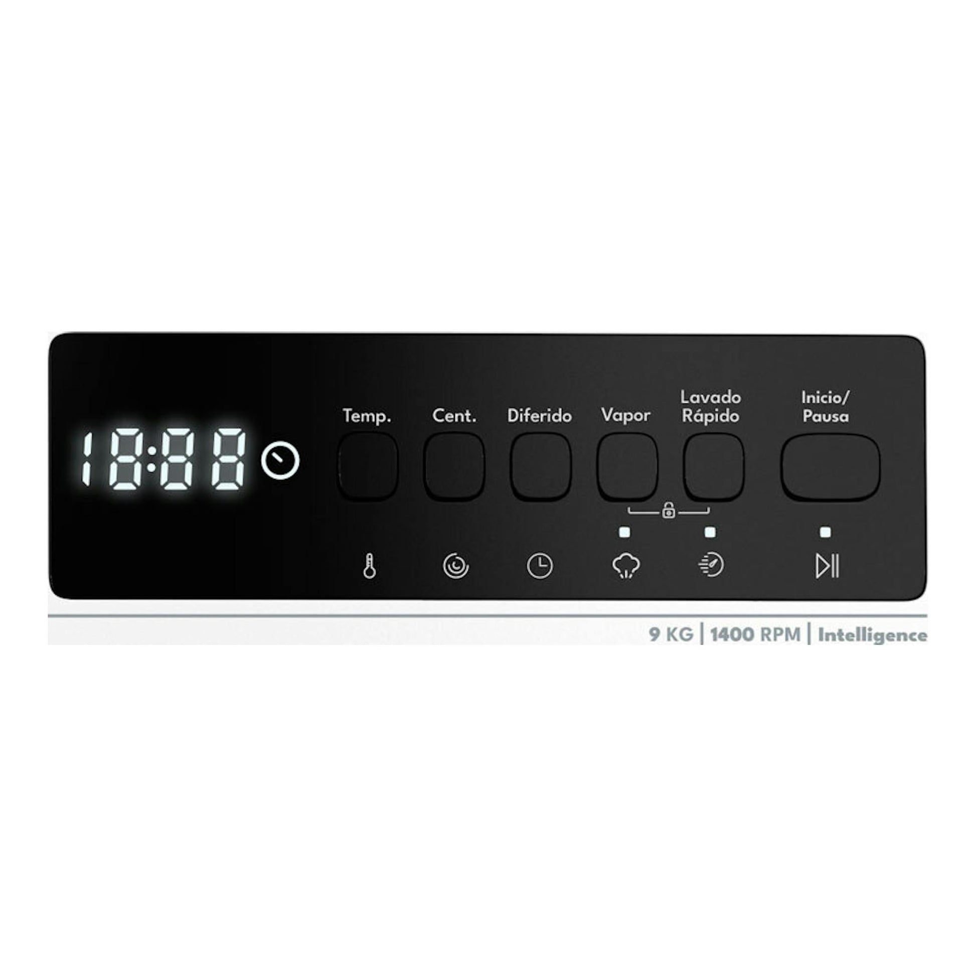 Vista frontal del panel negro de la lavadora Exquisit WMP9140-770A, con display LED y botones táctiles.