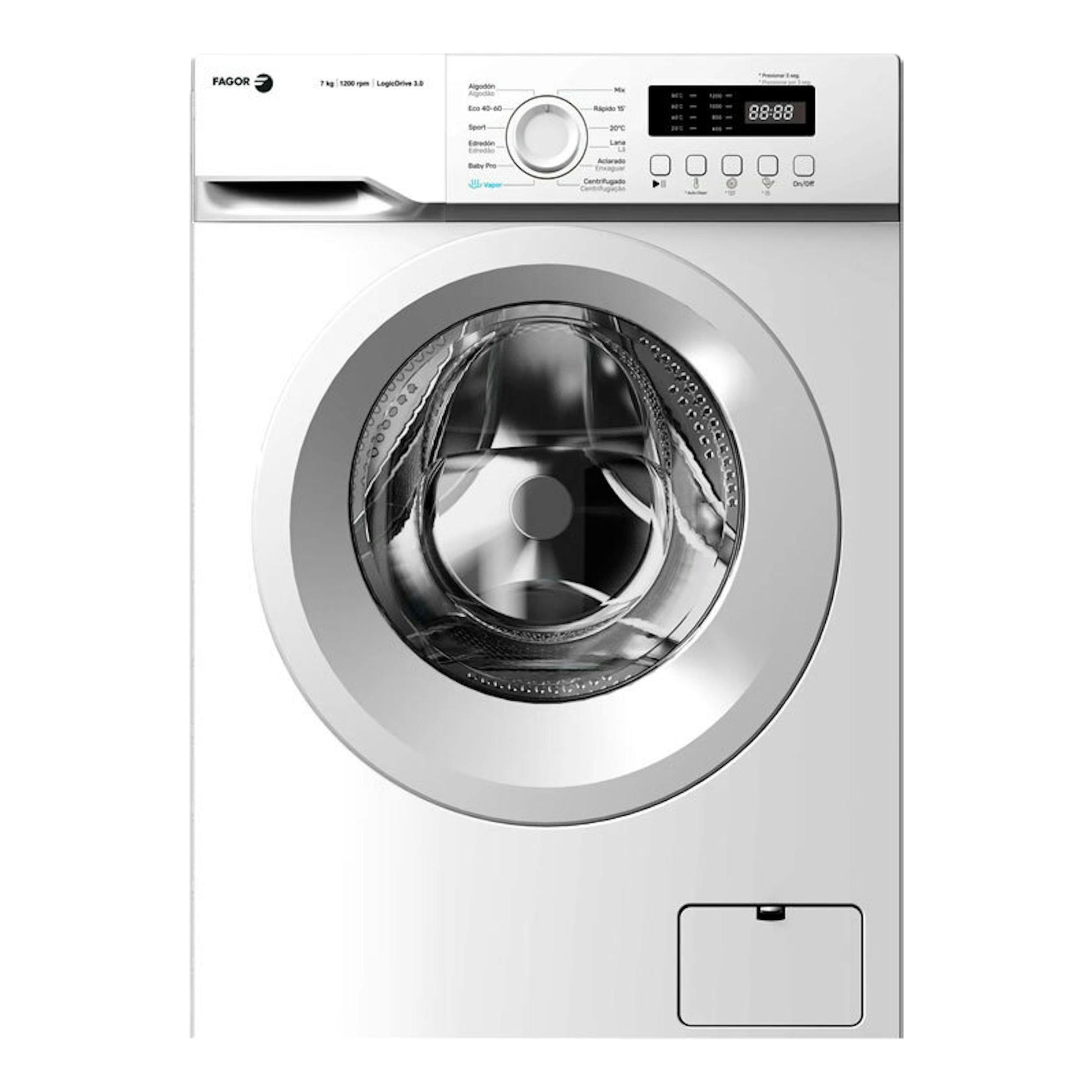 Lavadora frontal Fagor 3FE-7712 blanca, vista frontal, con puerta circular y panel digital superior.