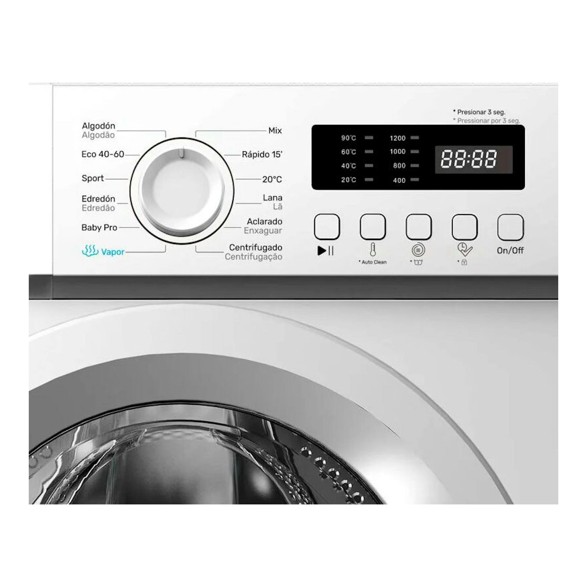 Lavadora Fagor 3FE-7712 7Kg blanca, vista frontal parcial con panel digital y selector.
