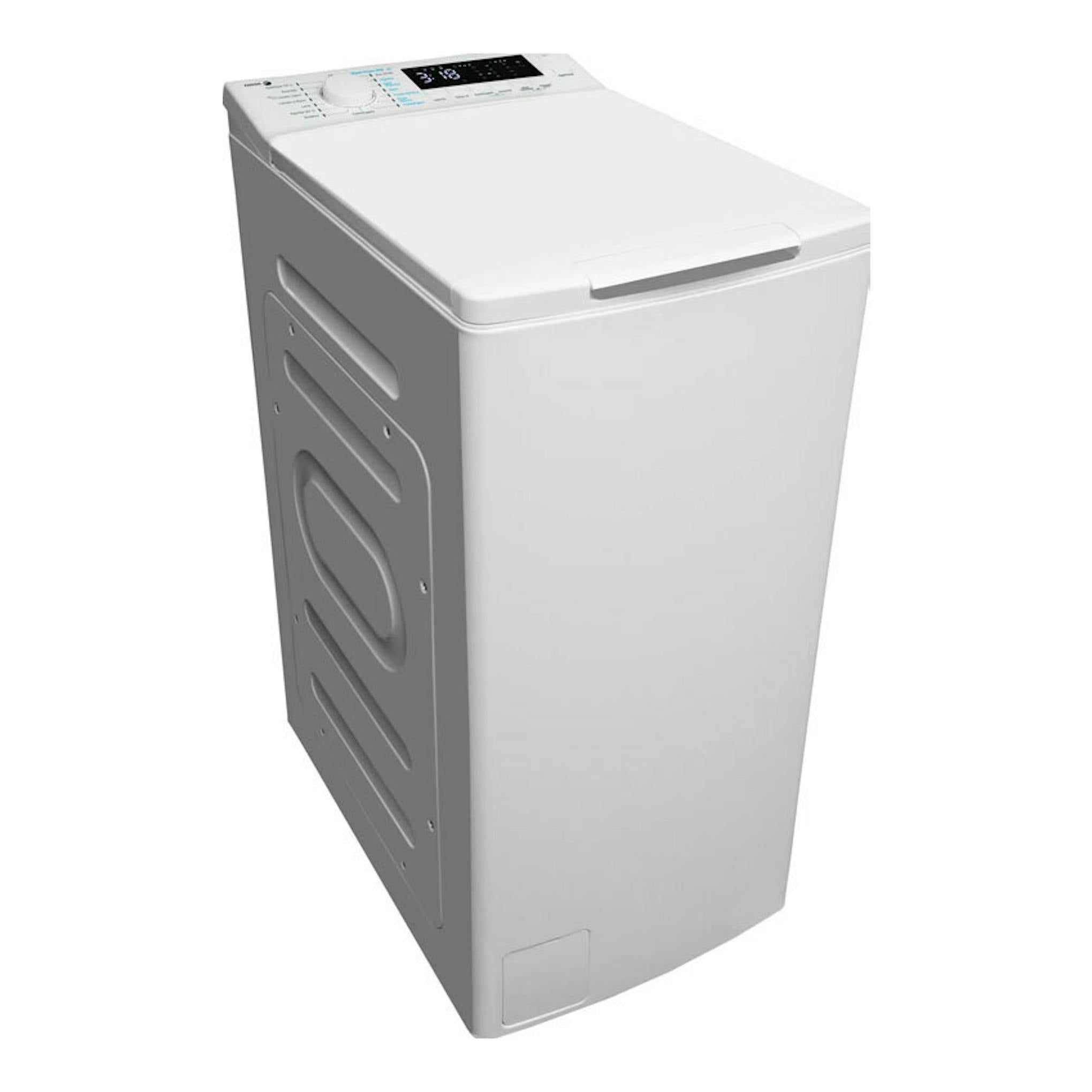 Lavadora de carga superior Fagor 4FET-8013 blanca, vista en ángulo frontal derecho, con panel superior.