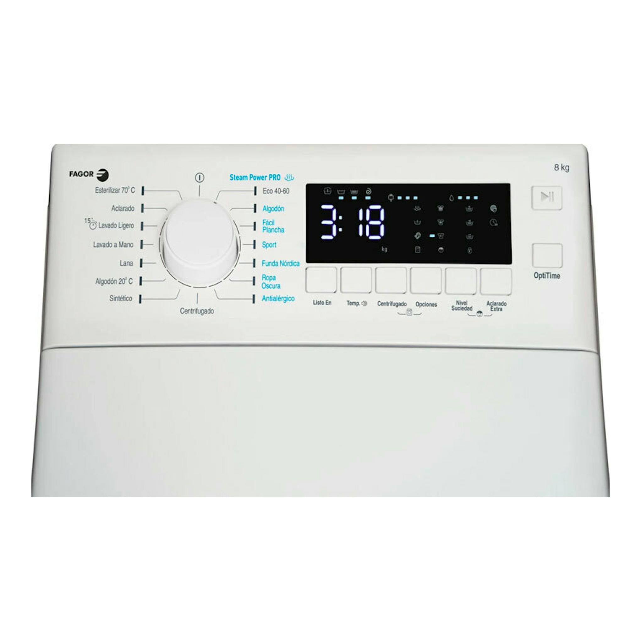 Lavadora Fagor 4FET-8013 blanca, vista frontal del panel con selector, pantalla digital y 8 kg.