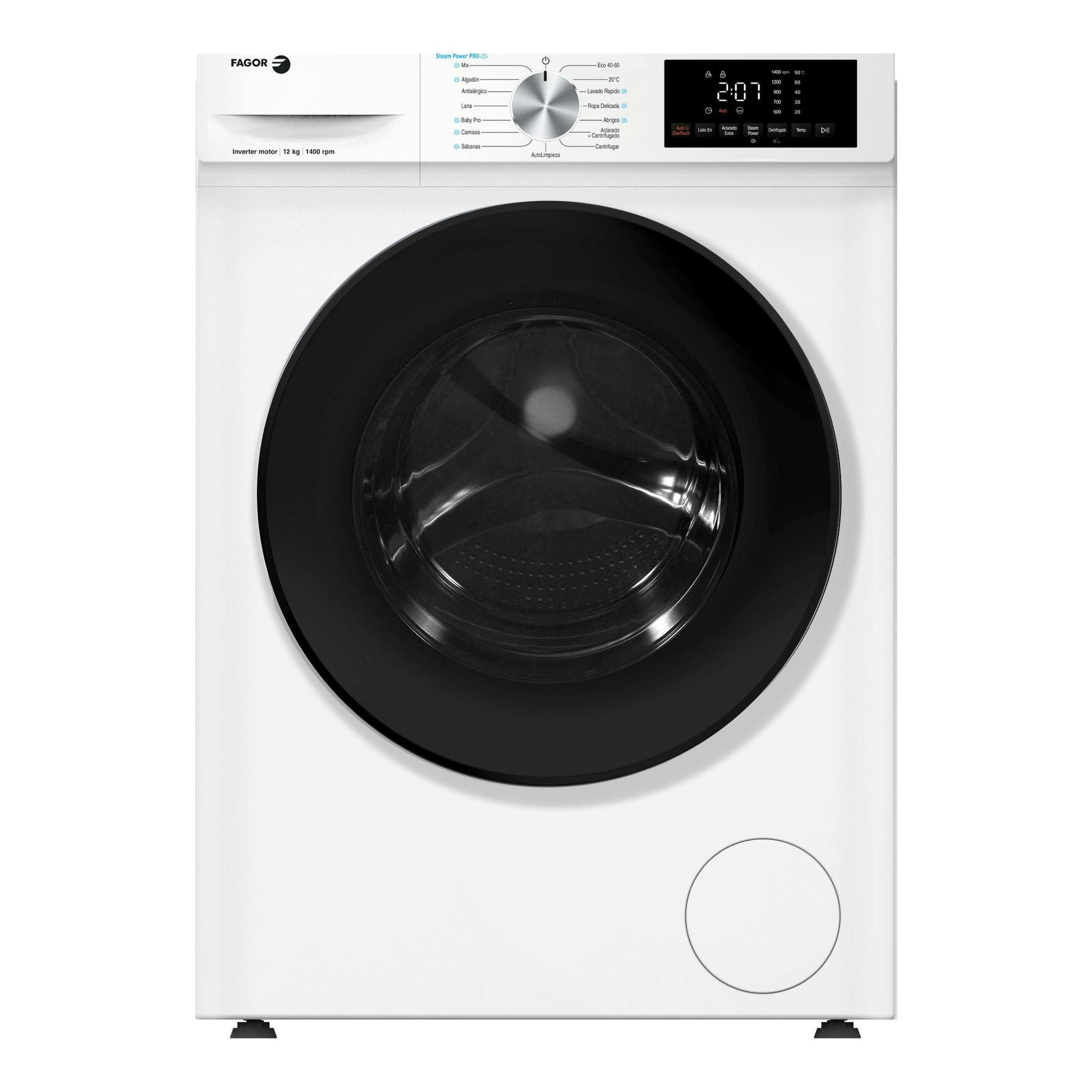 Lavadora Fagor 5FE-12614 blanca, vista frontal, con puerta negra circular y panel digital superior.