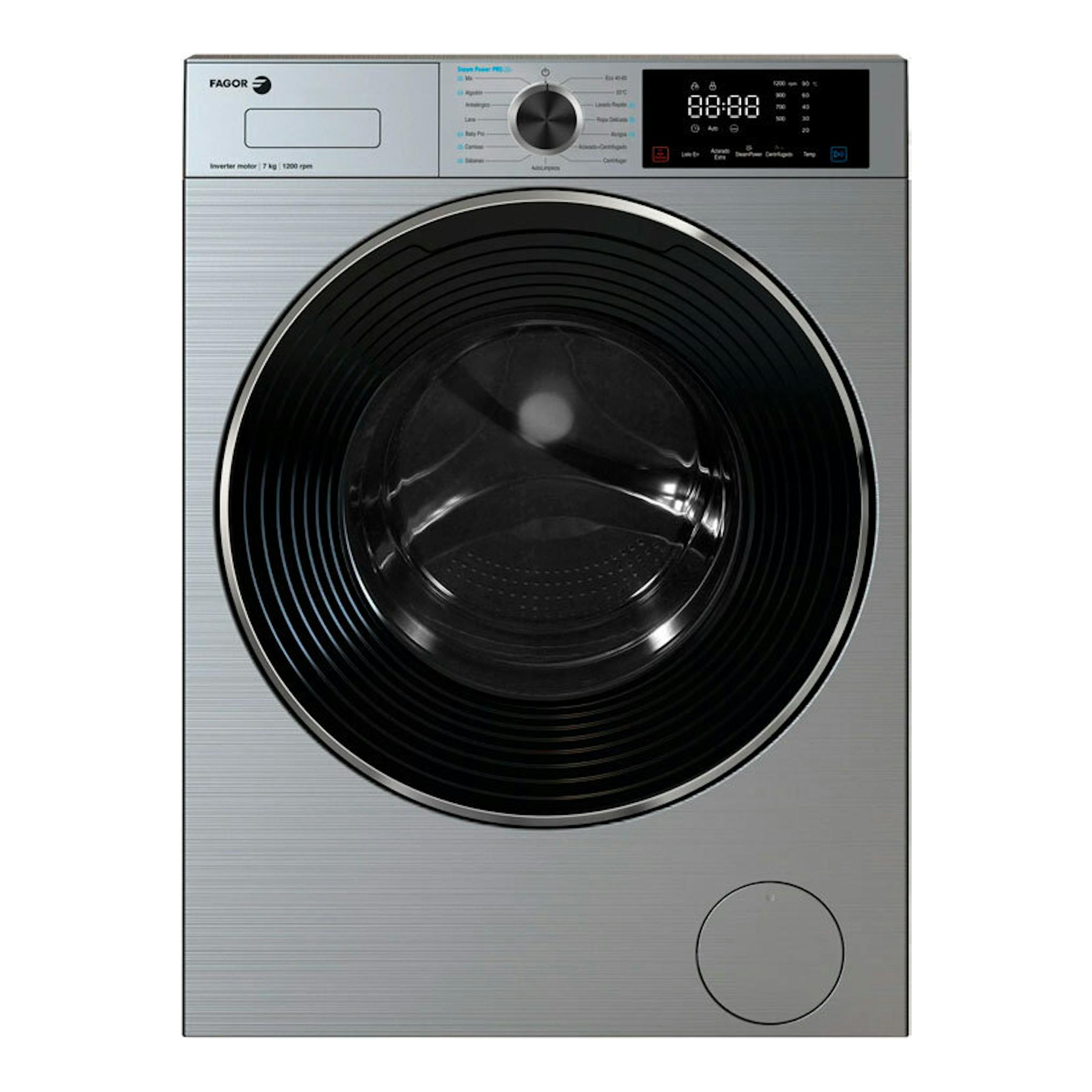 Lavadora Fagor 5FE-7712X de carga frontal, acero inoxidable, vista frontal.