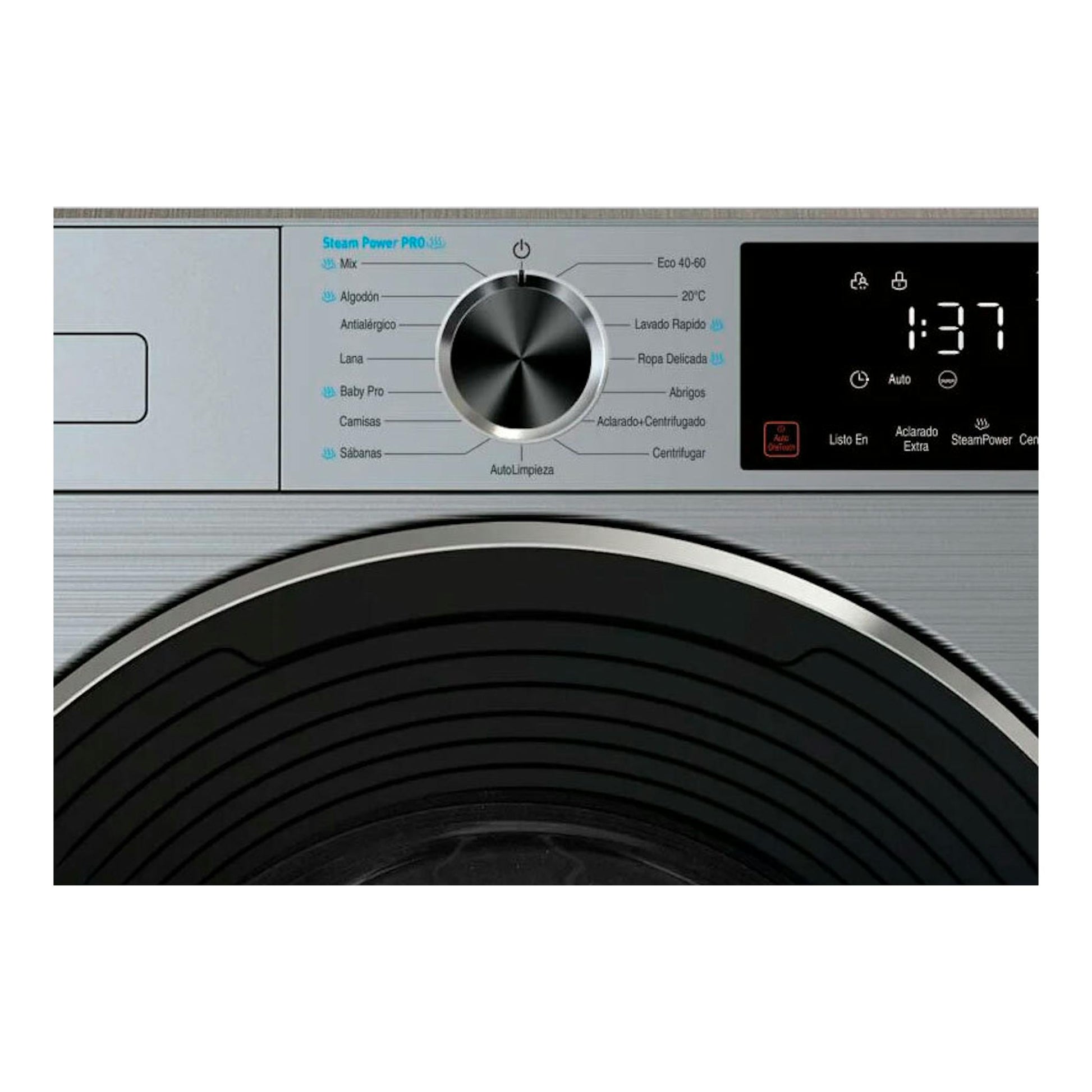 Lavadora Fagor 5FE-8714X, vista frontal parcial en acero inoxidable, con panel digital y puerta circular.