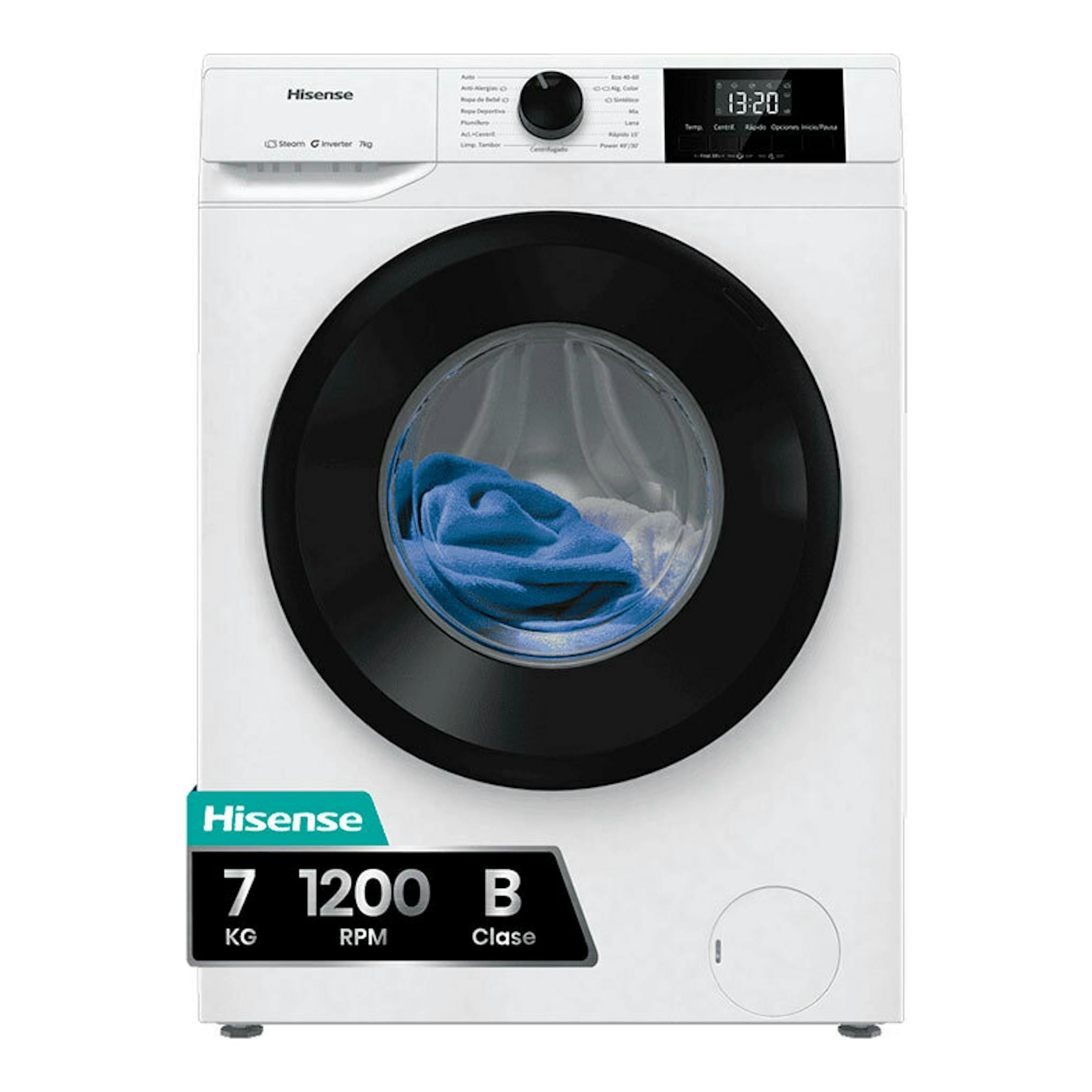 Lavadora Hisense WF1G7021BW blanca, vista frontal, con puerta negra y panel digital.