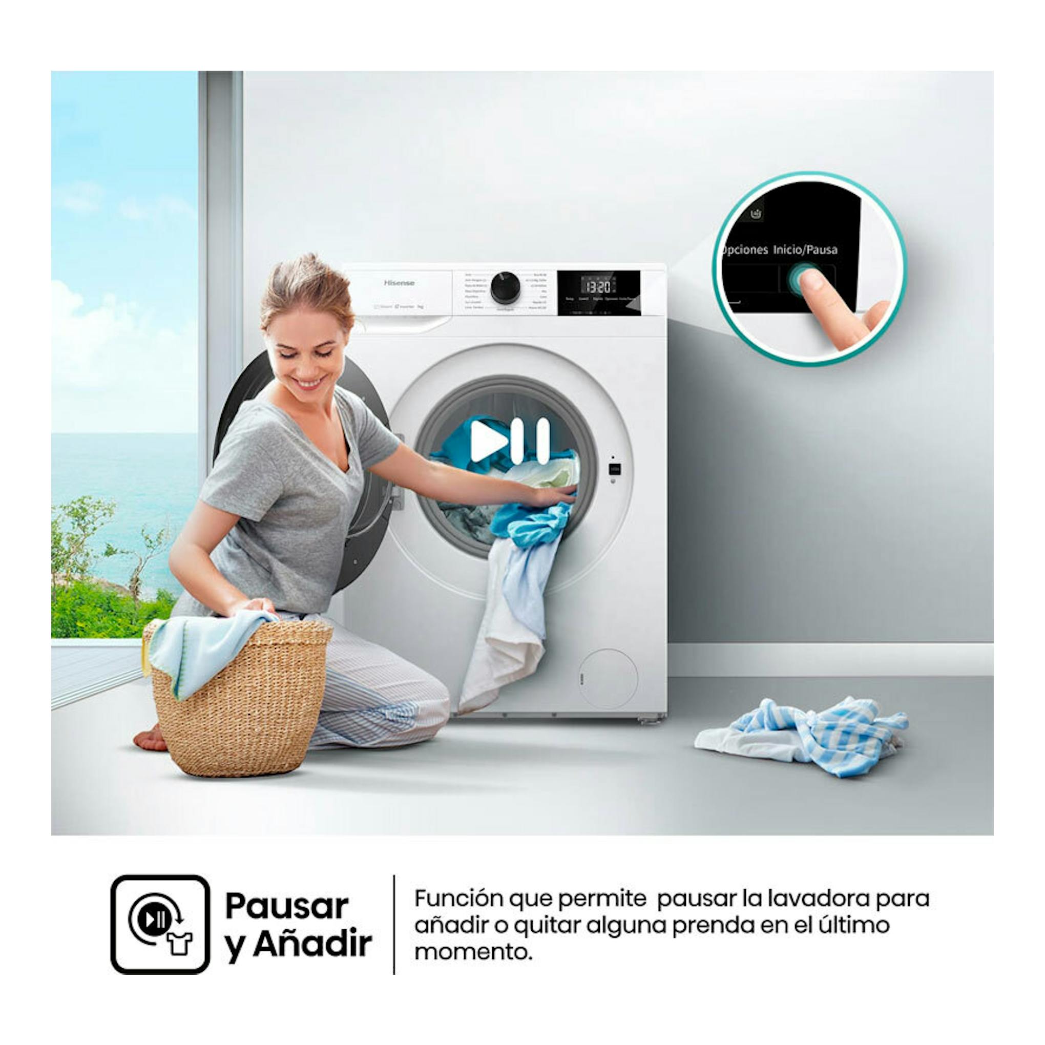 Lavadora Hisense WF1G7021BW blanca, vista frontal, con mujer metiendo ropa y detalle del panel.