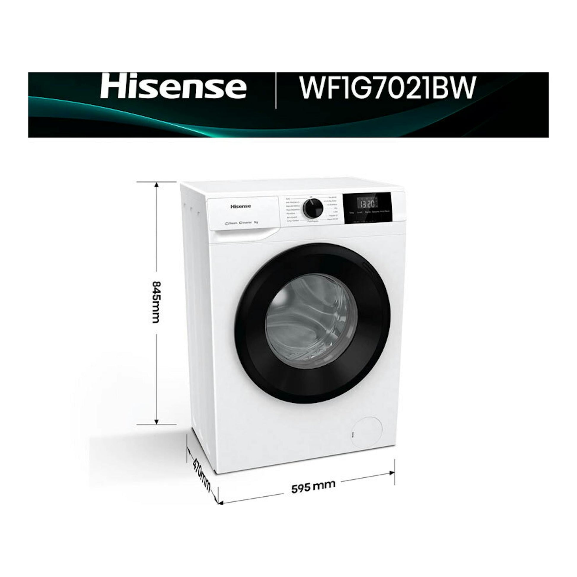Lavadora frontal Hisense WF1G7021BW blanca, vista frontal en ángulo, con puerta negra y dimensiones indicadas.
