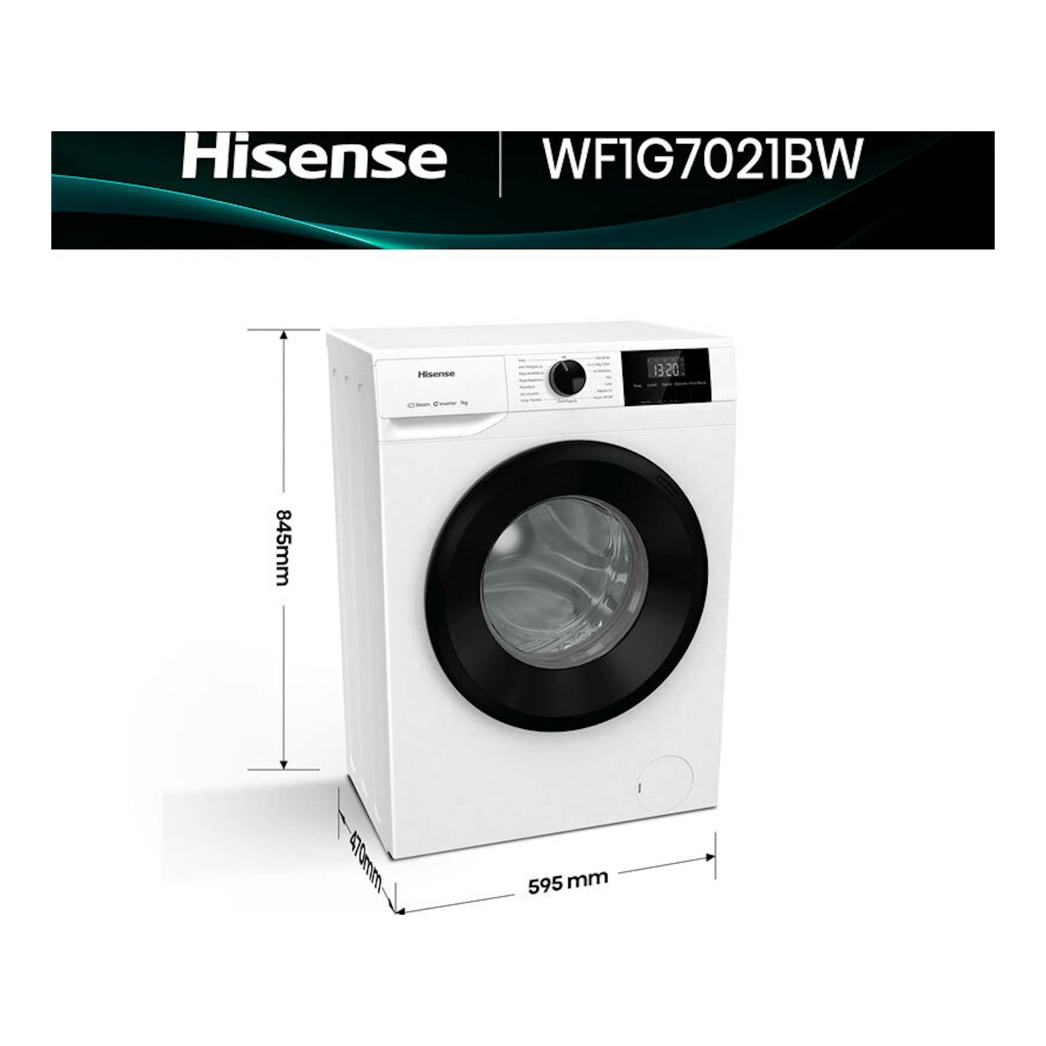Lavadora frontal Hisense WF1G7021BW blanca, vista frontal en ángulo, con puerta negra y dimensiones indicadas.