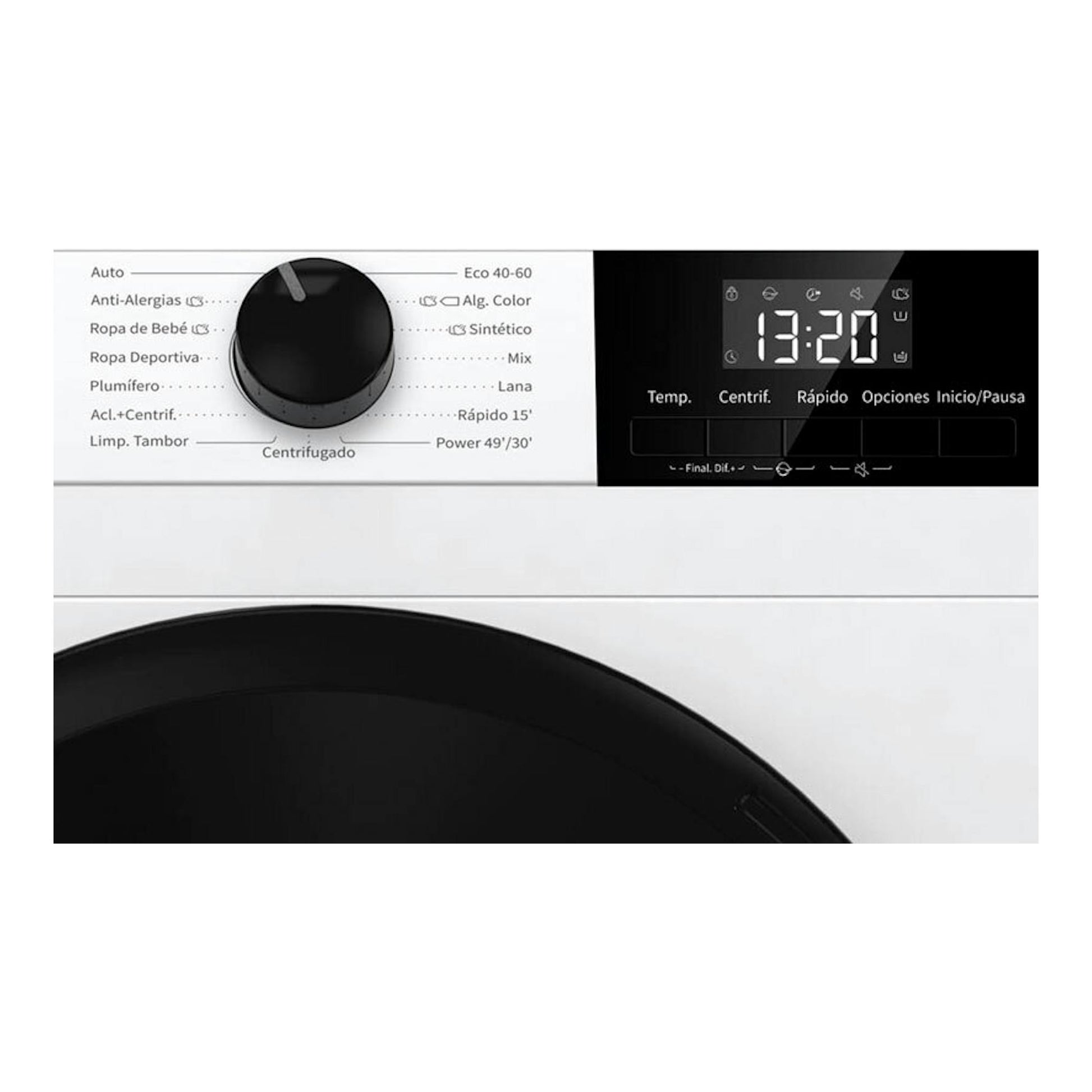 Lavadora Hisense WF1G7021BW blanca, panel frontal con selector negro y pantalla digital 13:20.