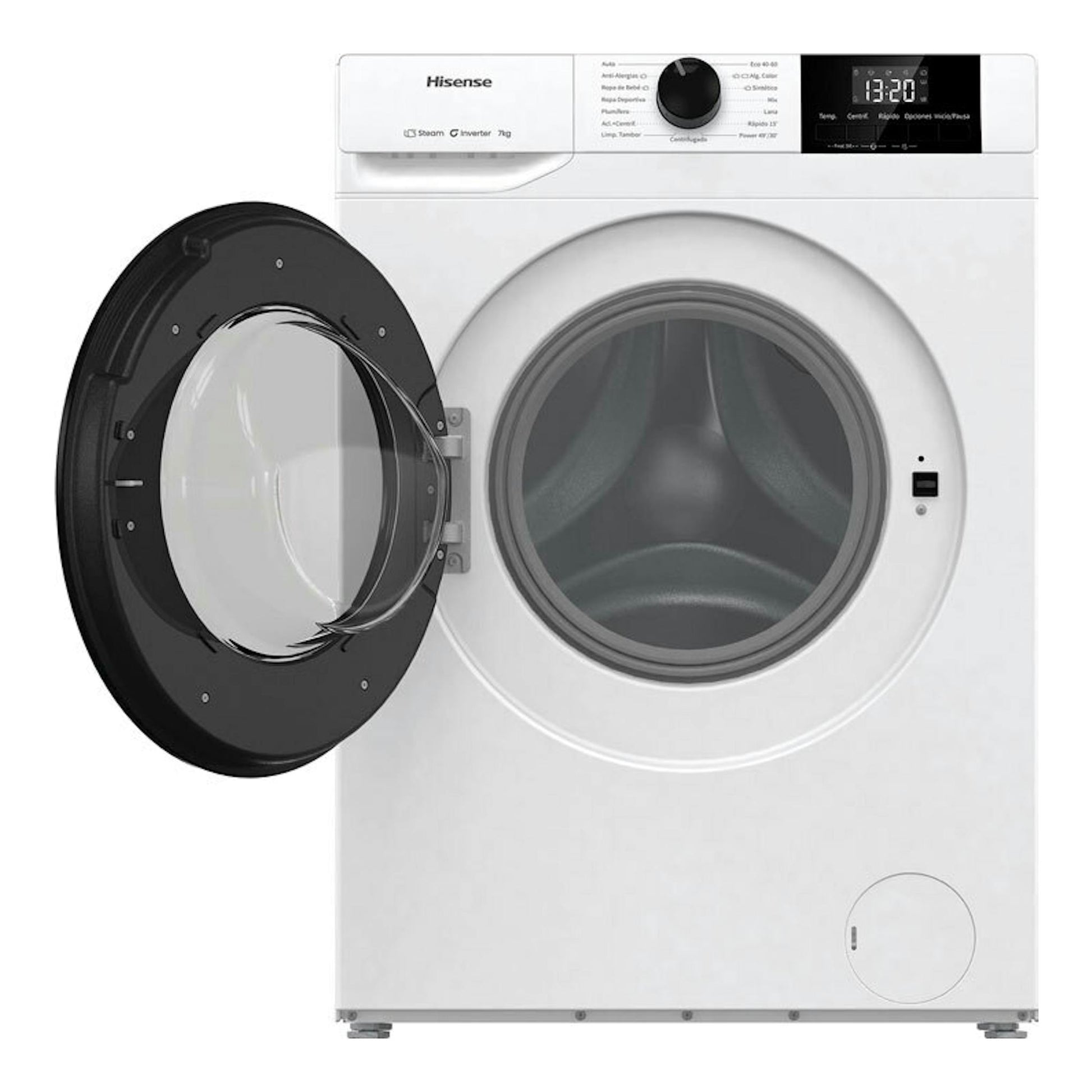 Lavadora Hisense WF1G7021BW blanca de carga frontal, vista frontal, con la puerta abierta y panel digital superior.
