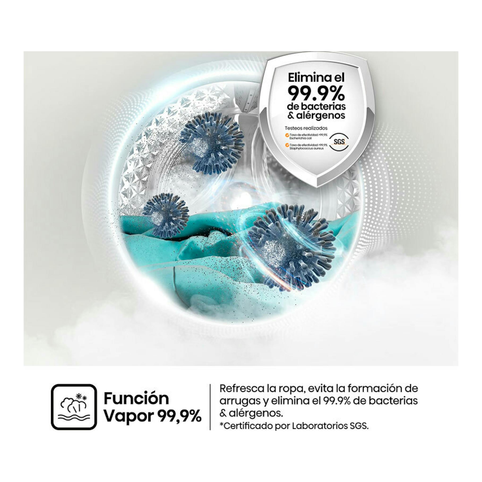 Gráfico promocional de lavadora Hisense WF1G7021BW con función vapor y escudo antibacterias.