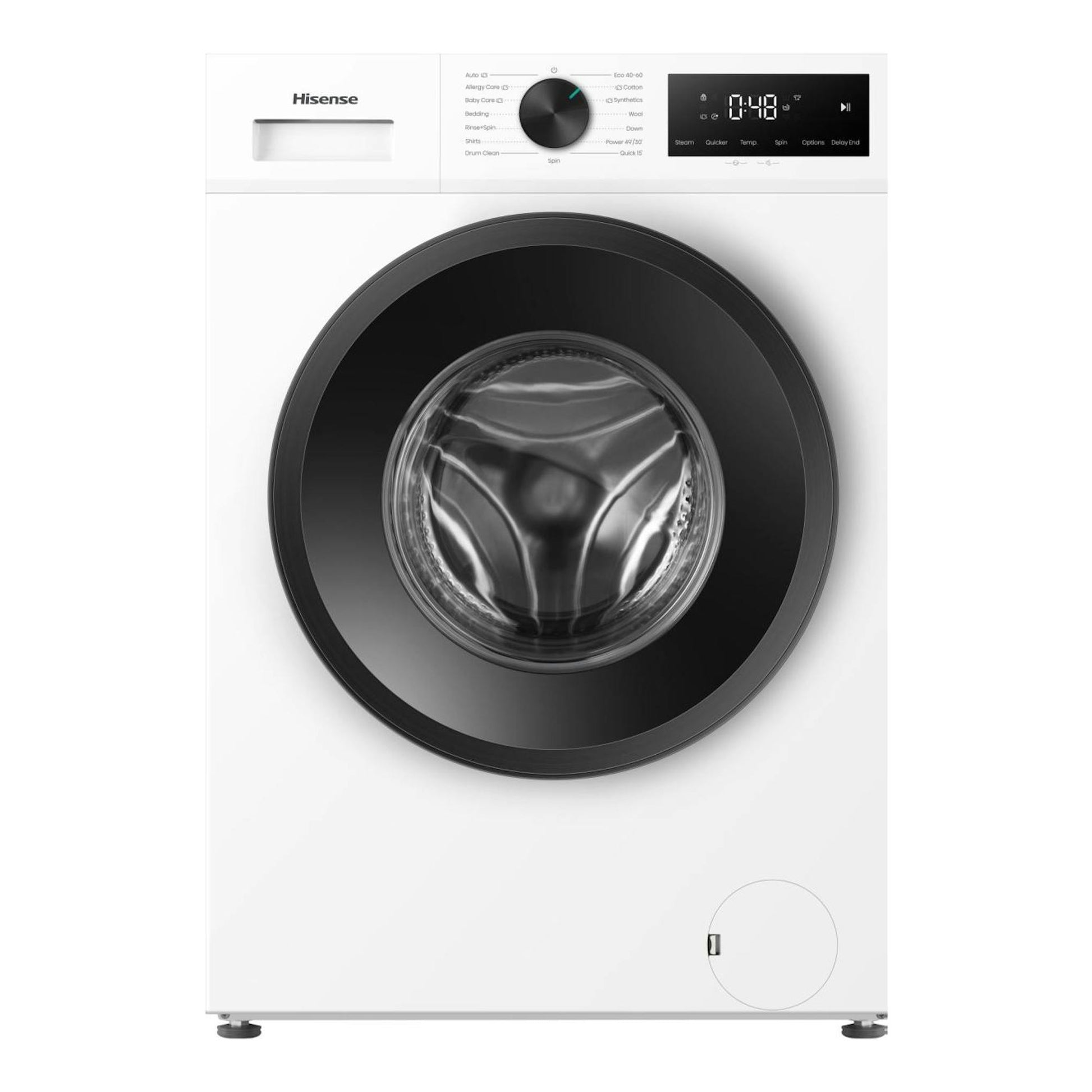 Lavadora Hisense WF1I1142BWL blanca, vista frontal, puerta negra redonda y panel digital superior.